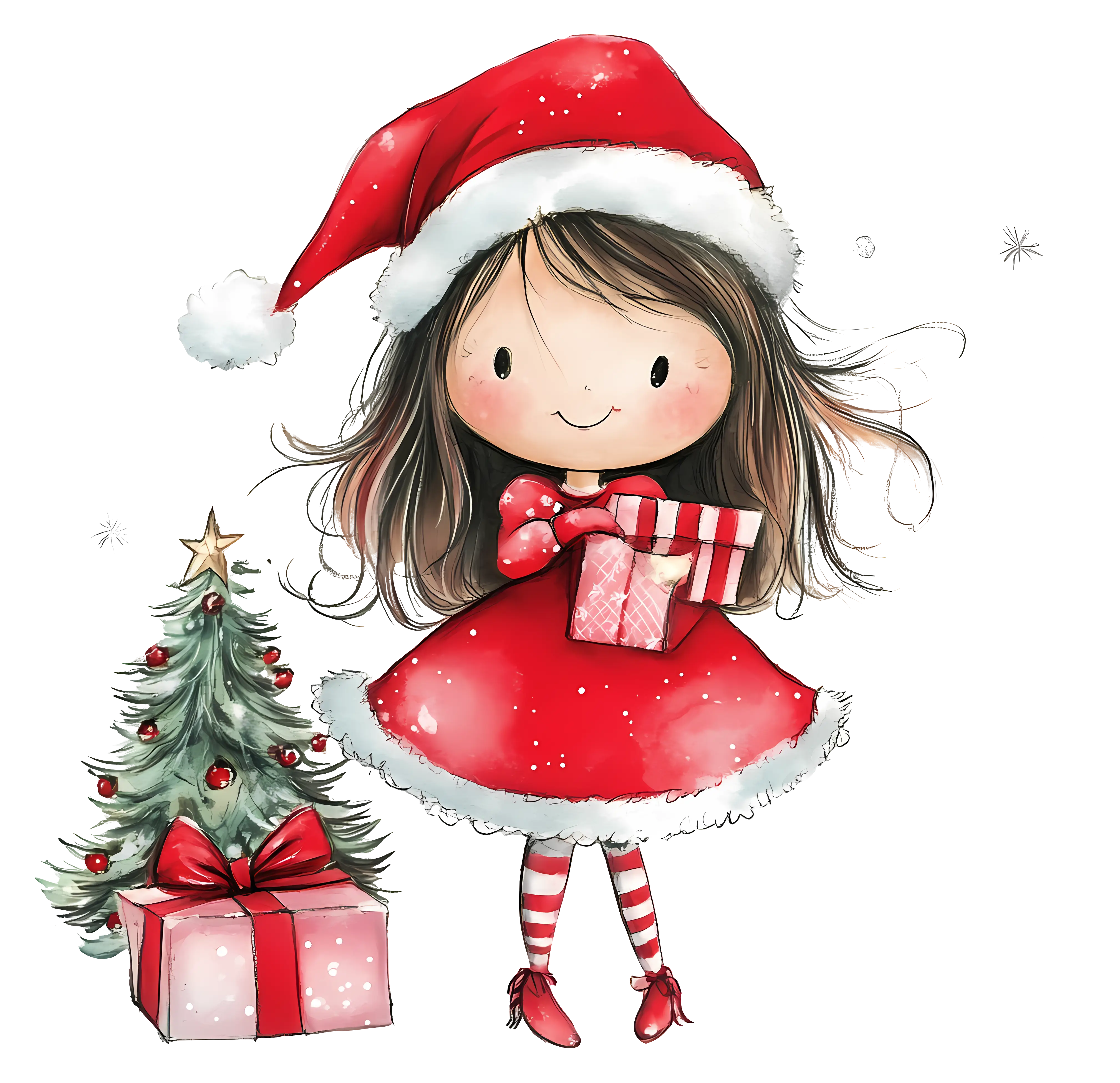 Cute Girl in Santa Outfit with Christmas Tree