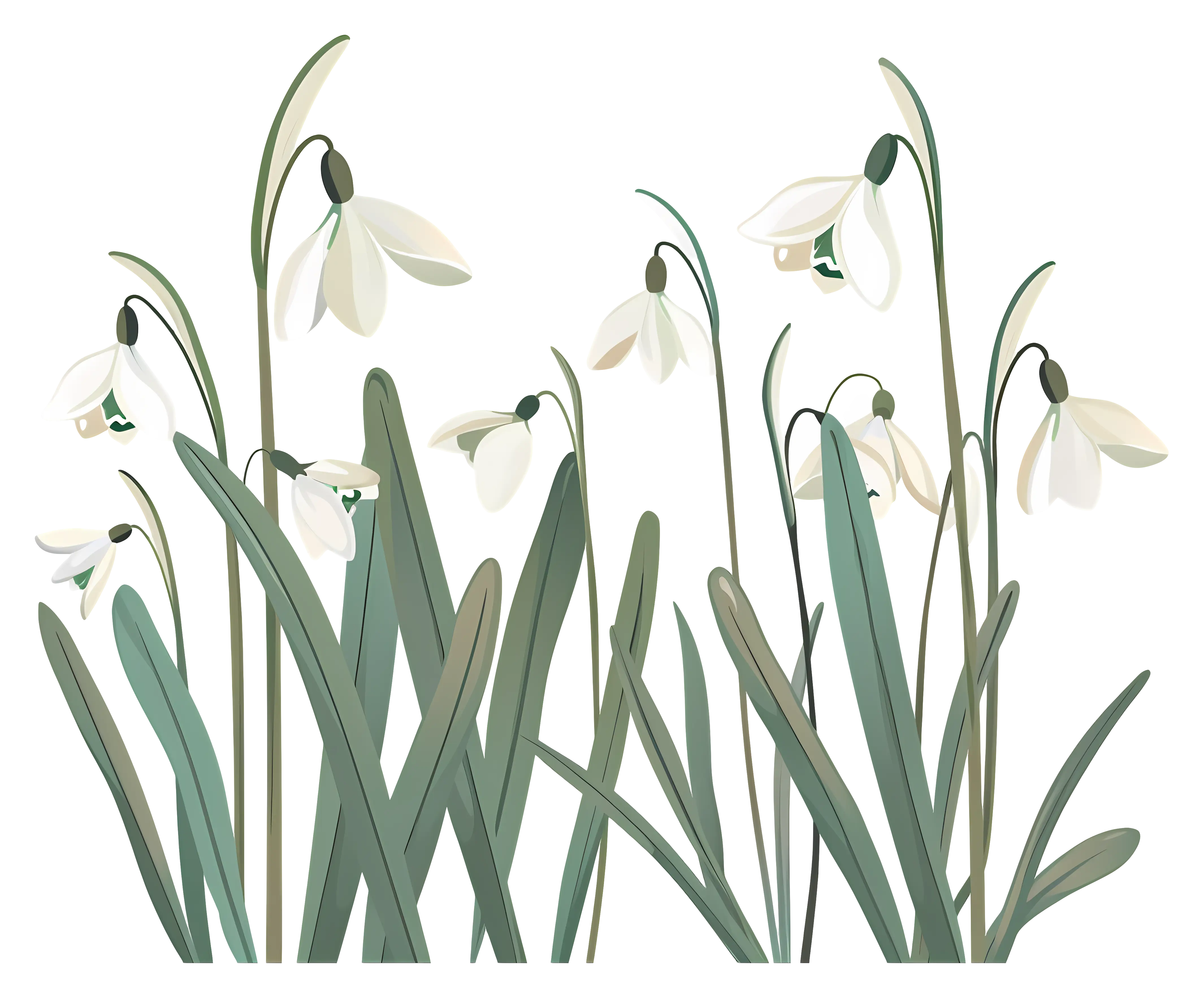 Snowdrop Flowers with Delicate Green Leaves