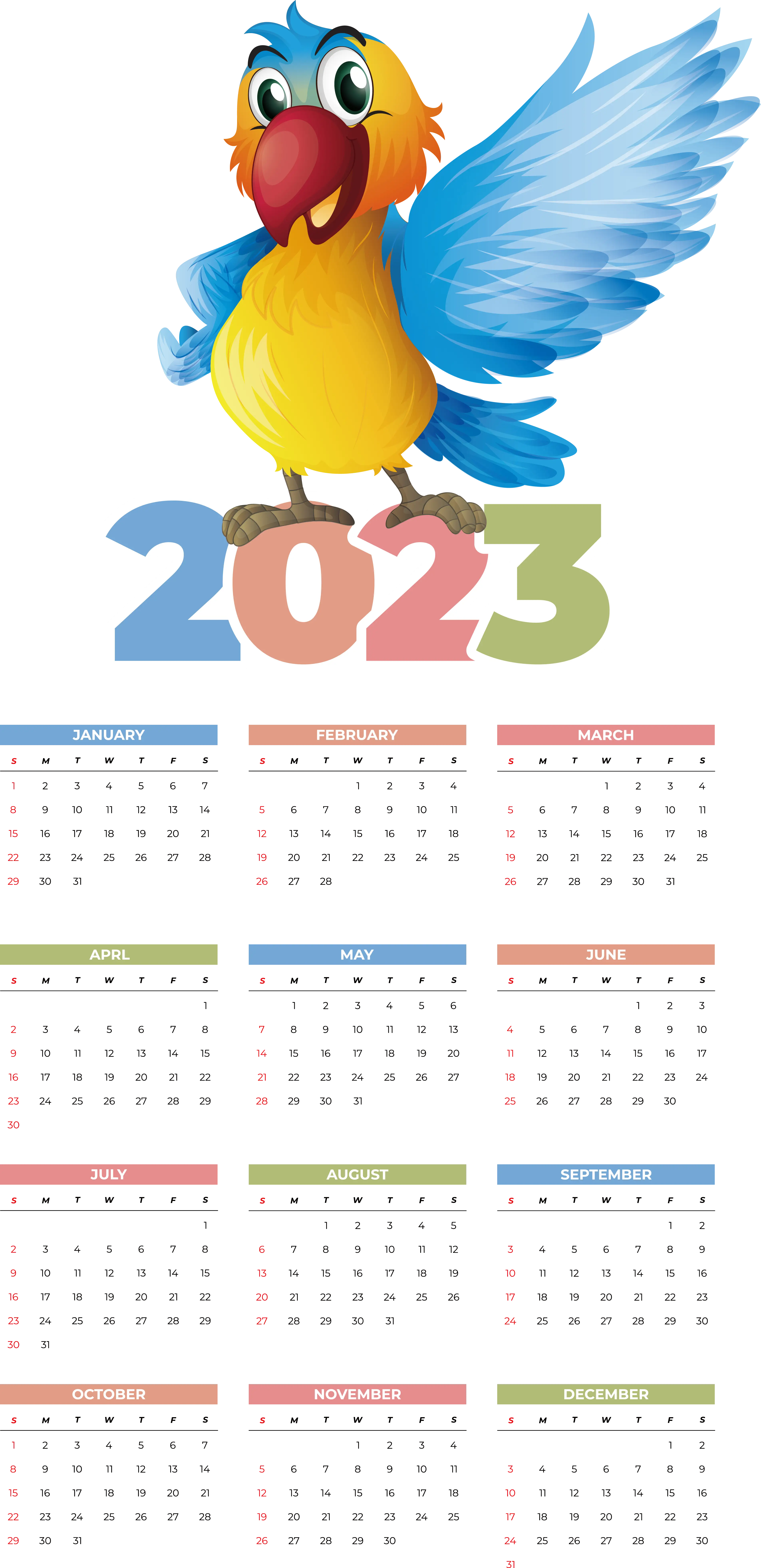 2023 Calendar with Vibrant Parrot Illustration