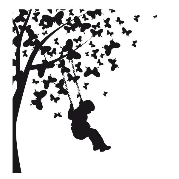 Silhouette of Child on Swing with Butterflies