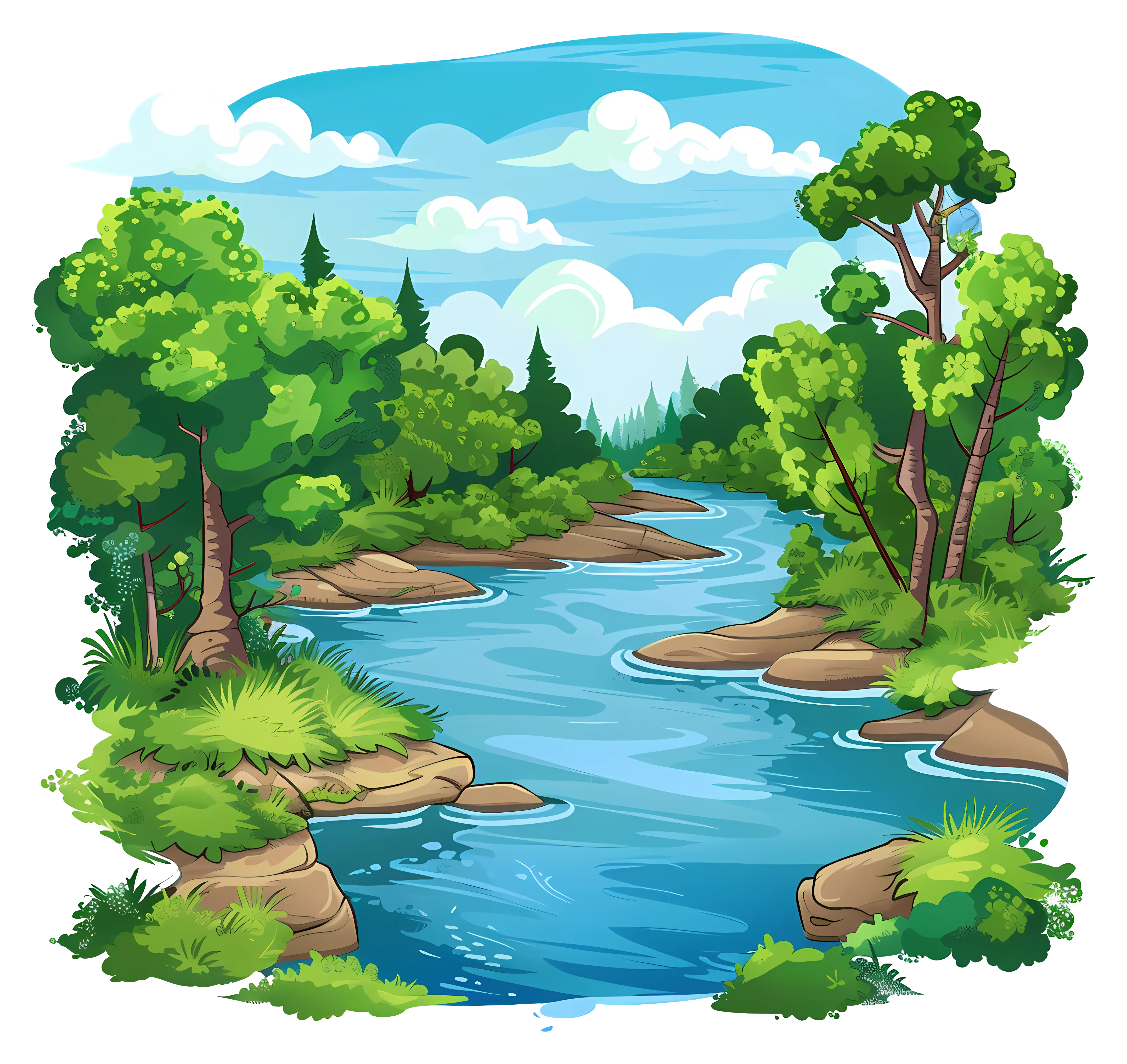 River Flowing through Lush Green Forest Illustration