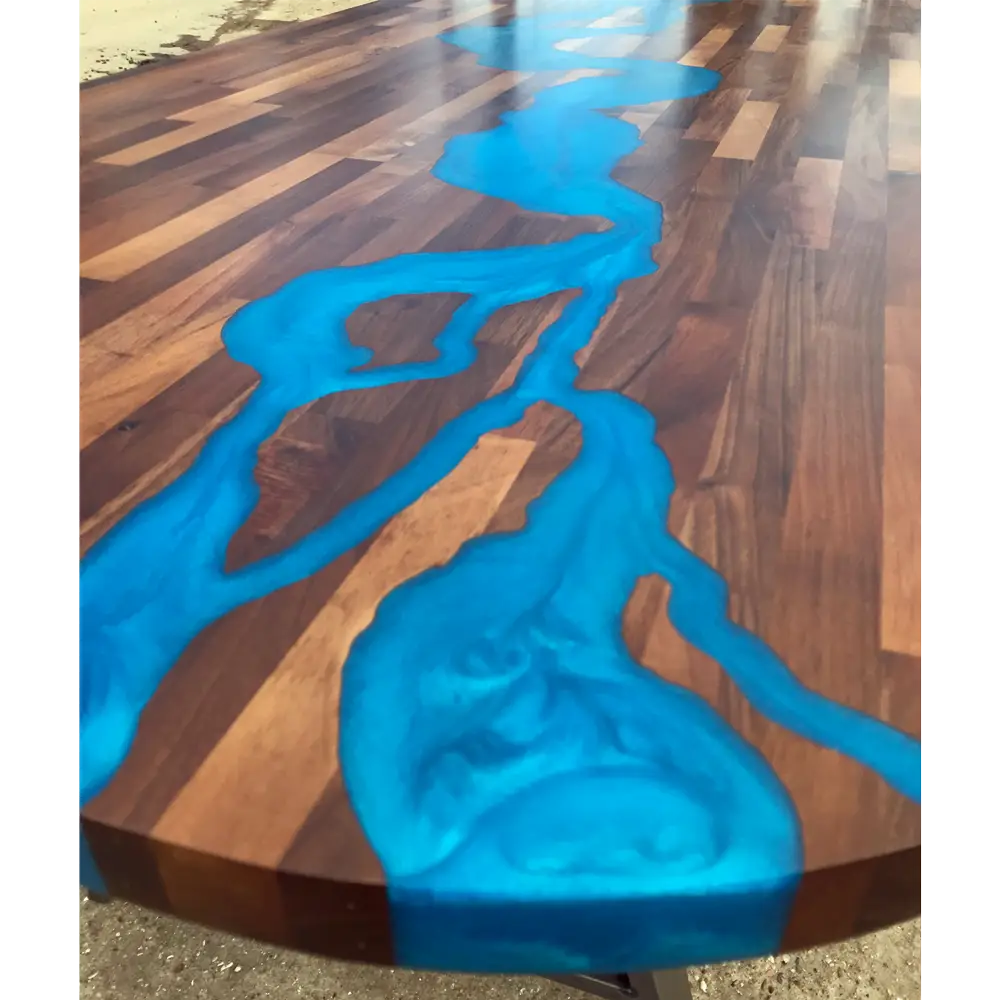 Wooden Table with Blue Resin Design