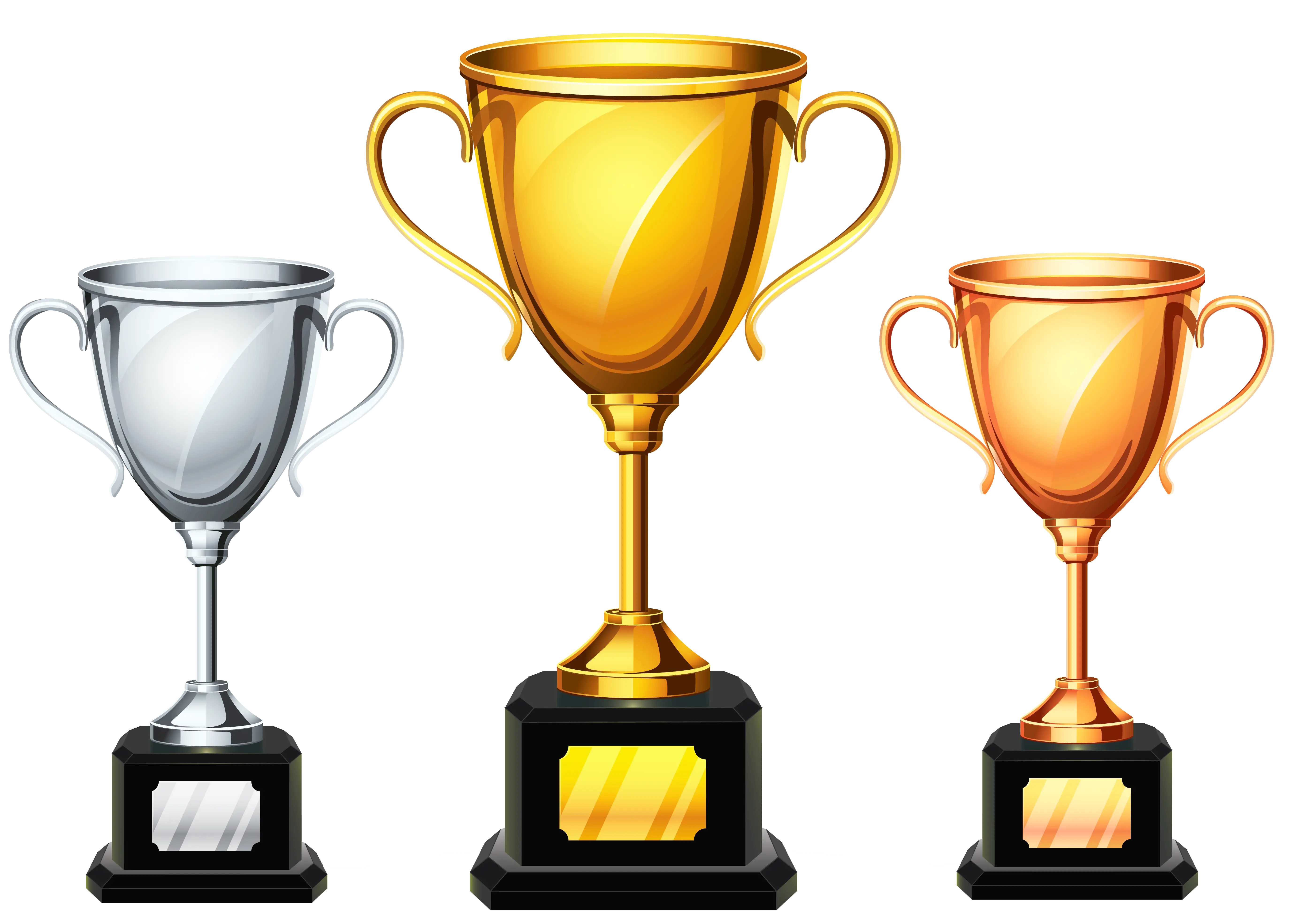Gold, Silver, and Bronze Trophy Set with Black Bases