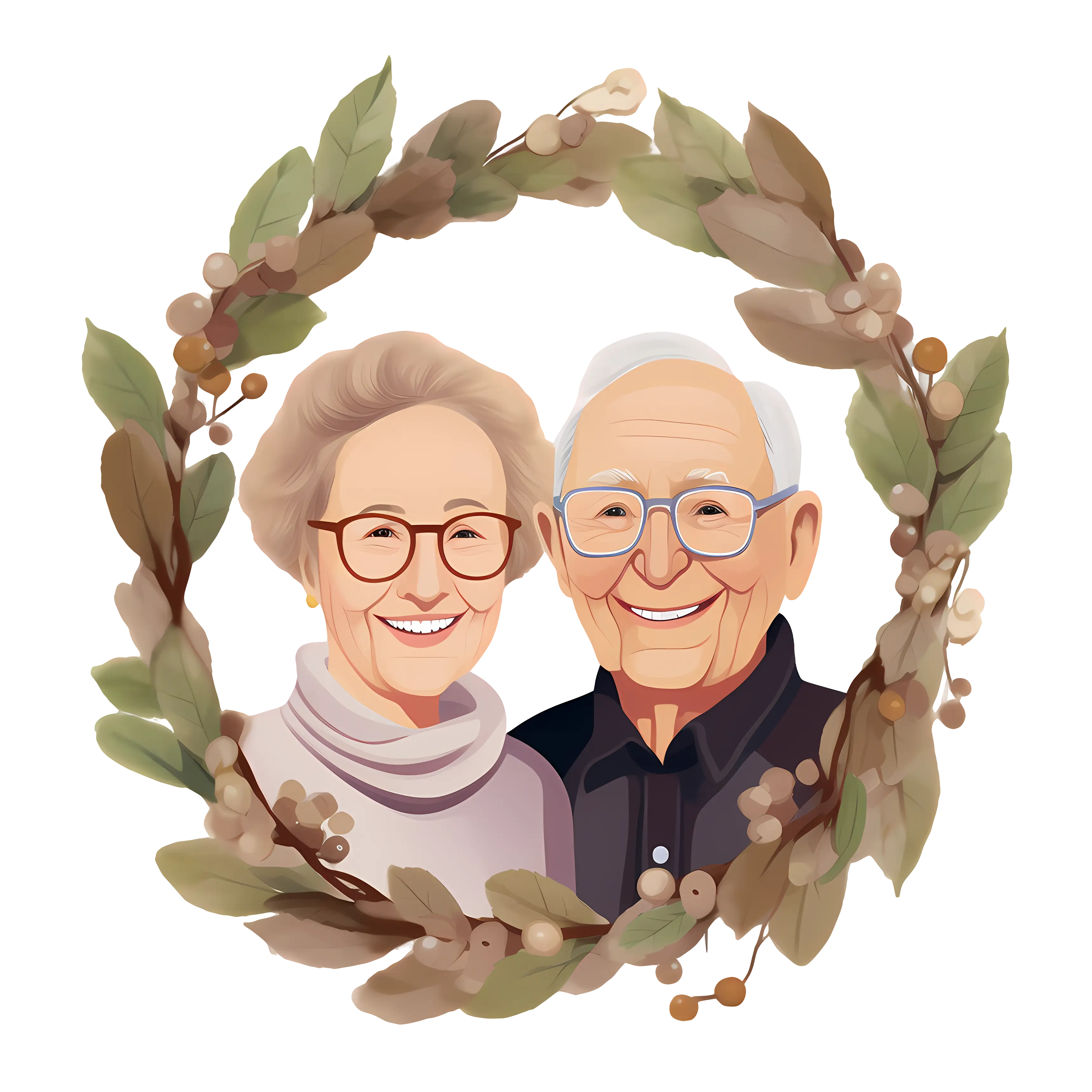 Elderly Couple Portrait Framed in a Floral Wreath
