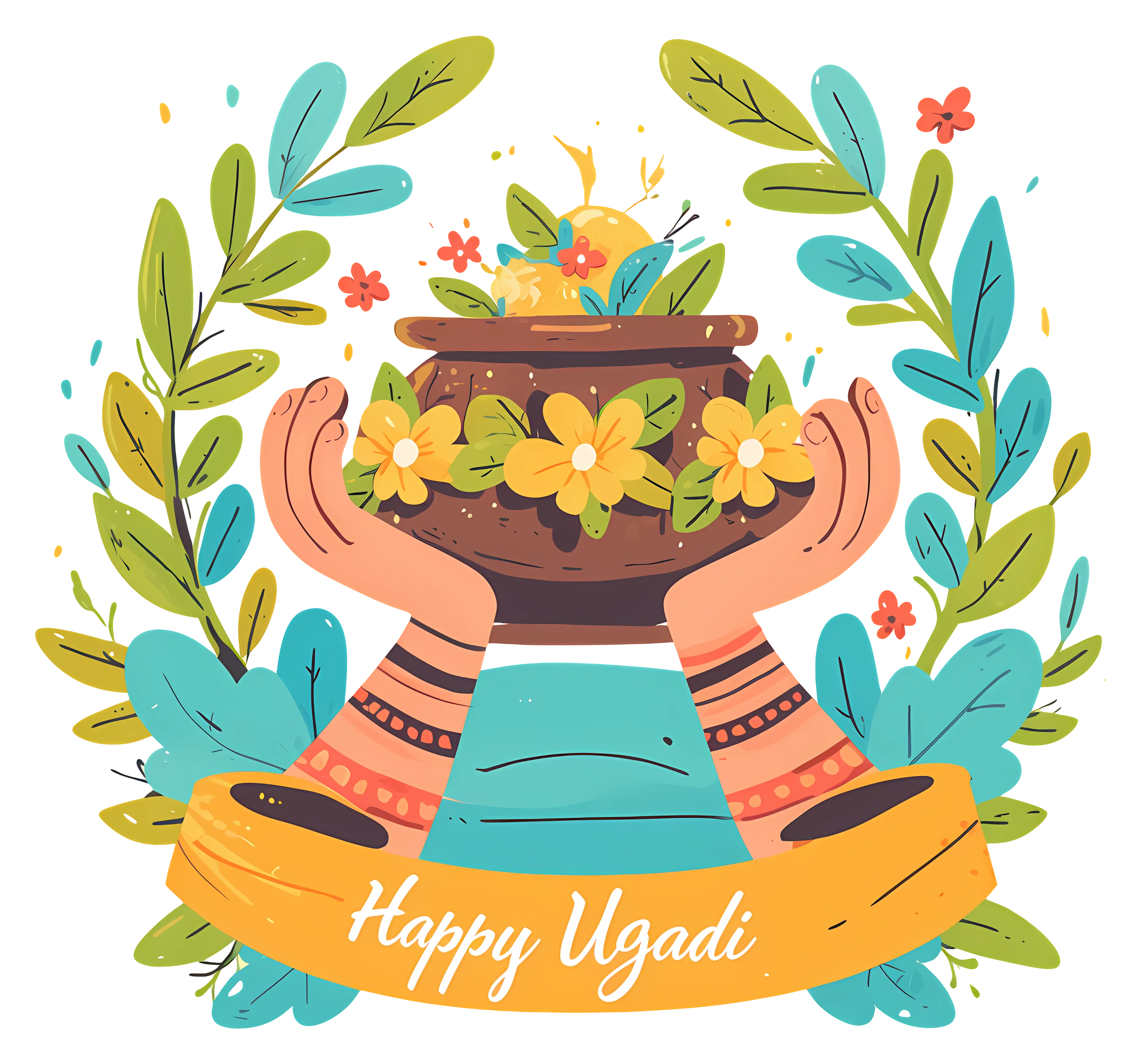 Happy Ugadi Pot with Flowers