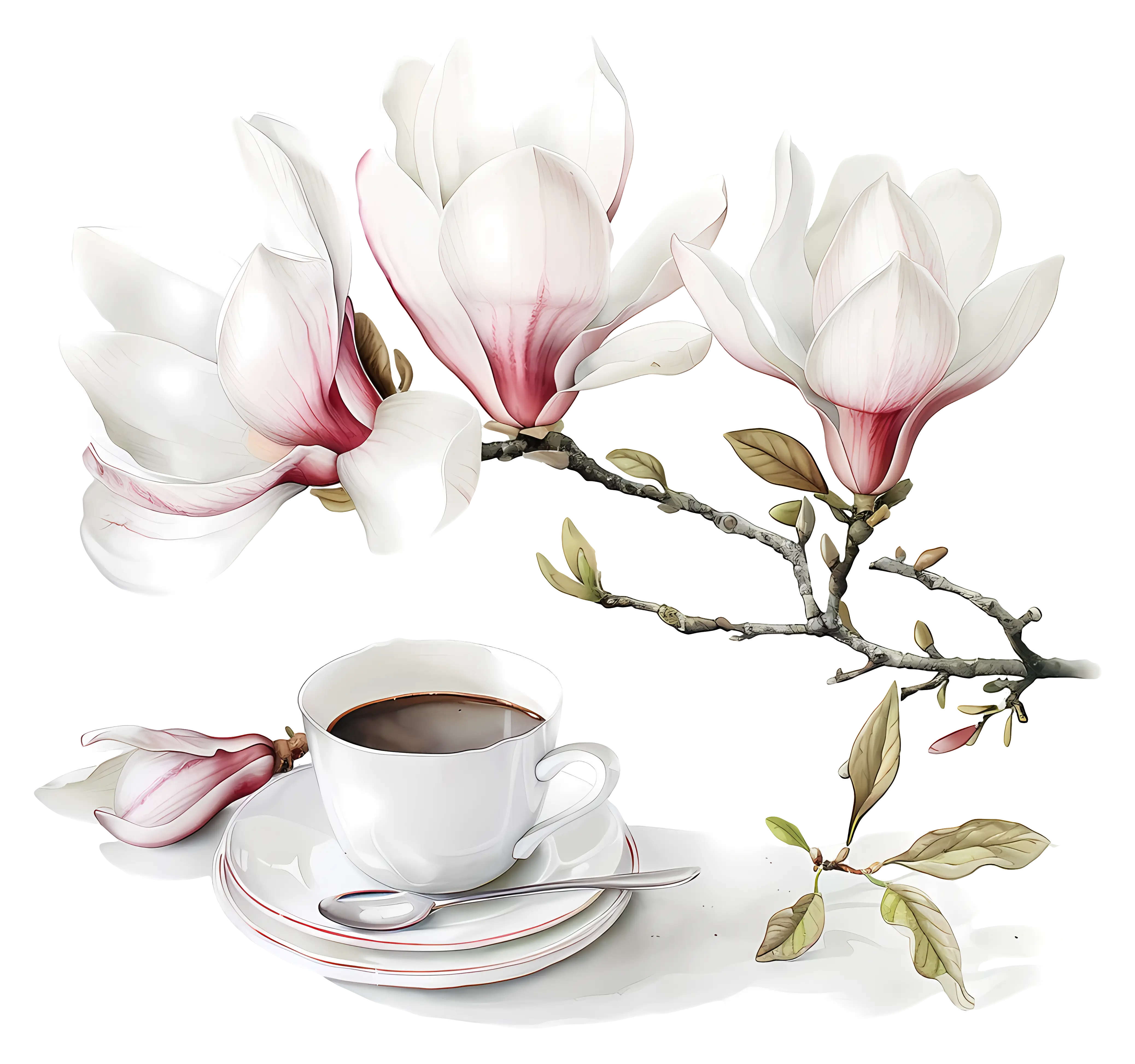 Elegant Magnolia and Coffee Cup Arrangement