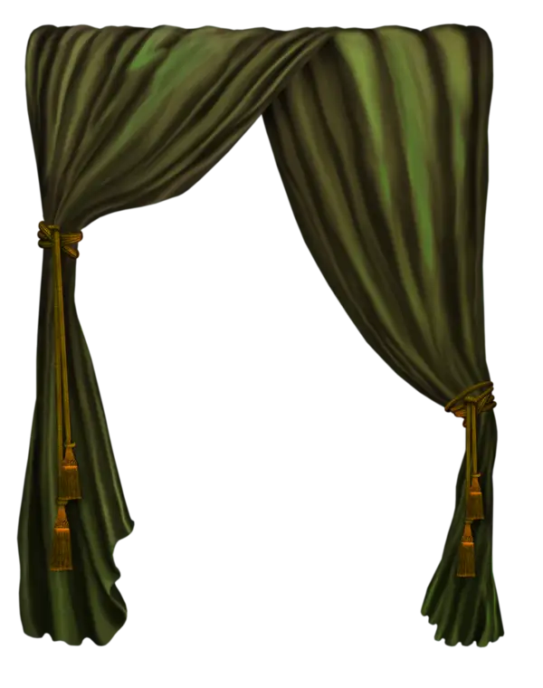 Green Draped Curtains with Golden Tassel Accents