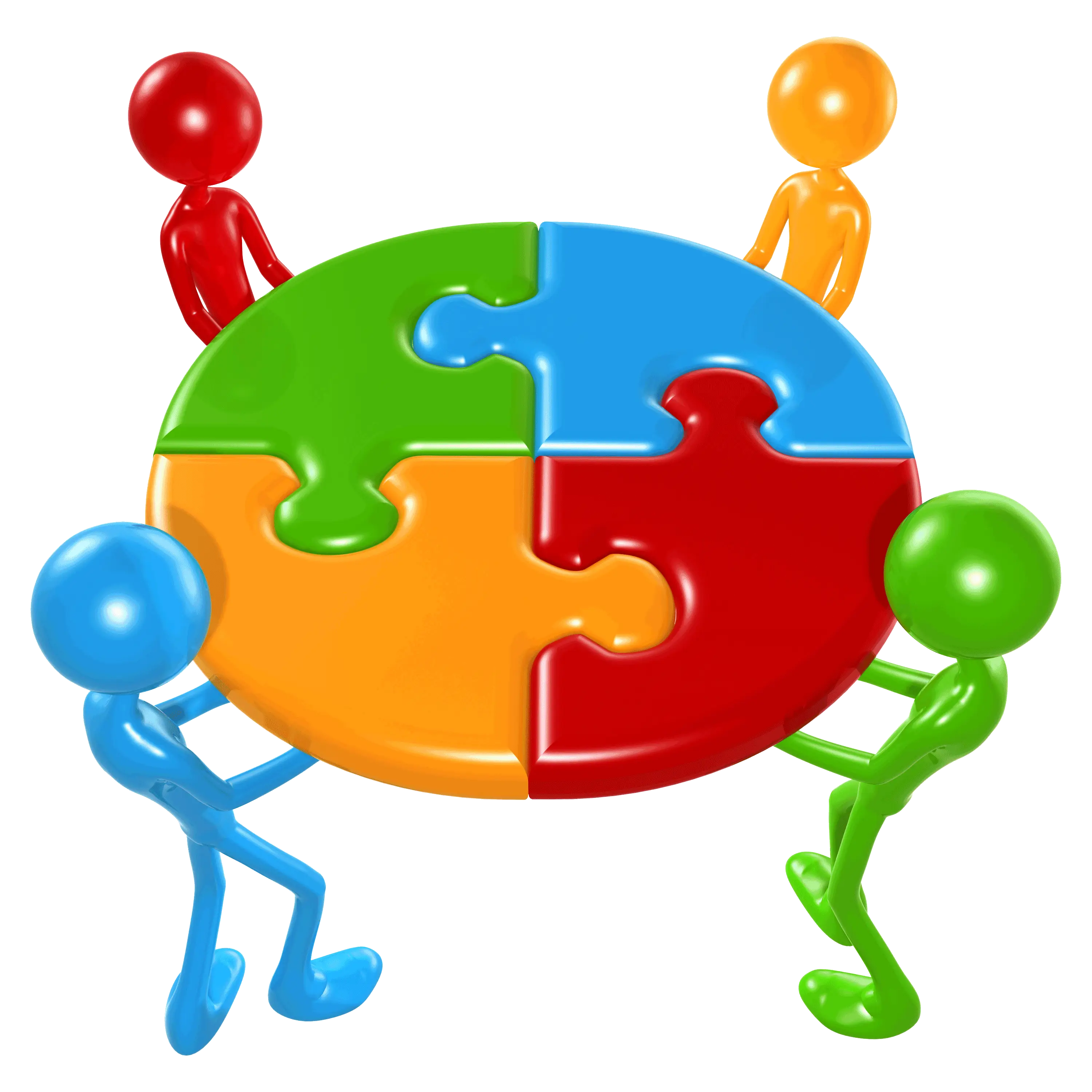 Teamwork Concept with Puzzle Pieces Table and Stick Figures
