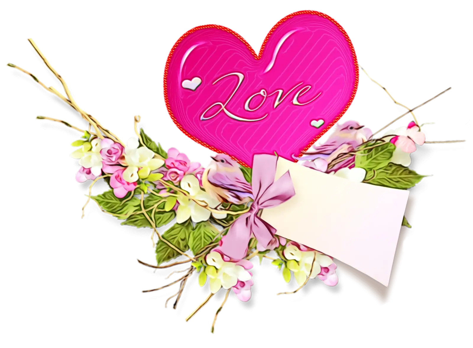 Pink Heart with Love Text and Floral Decoration