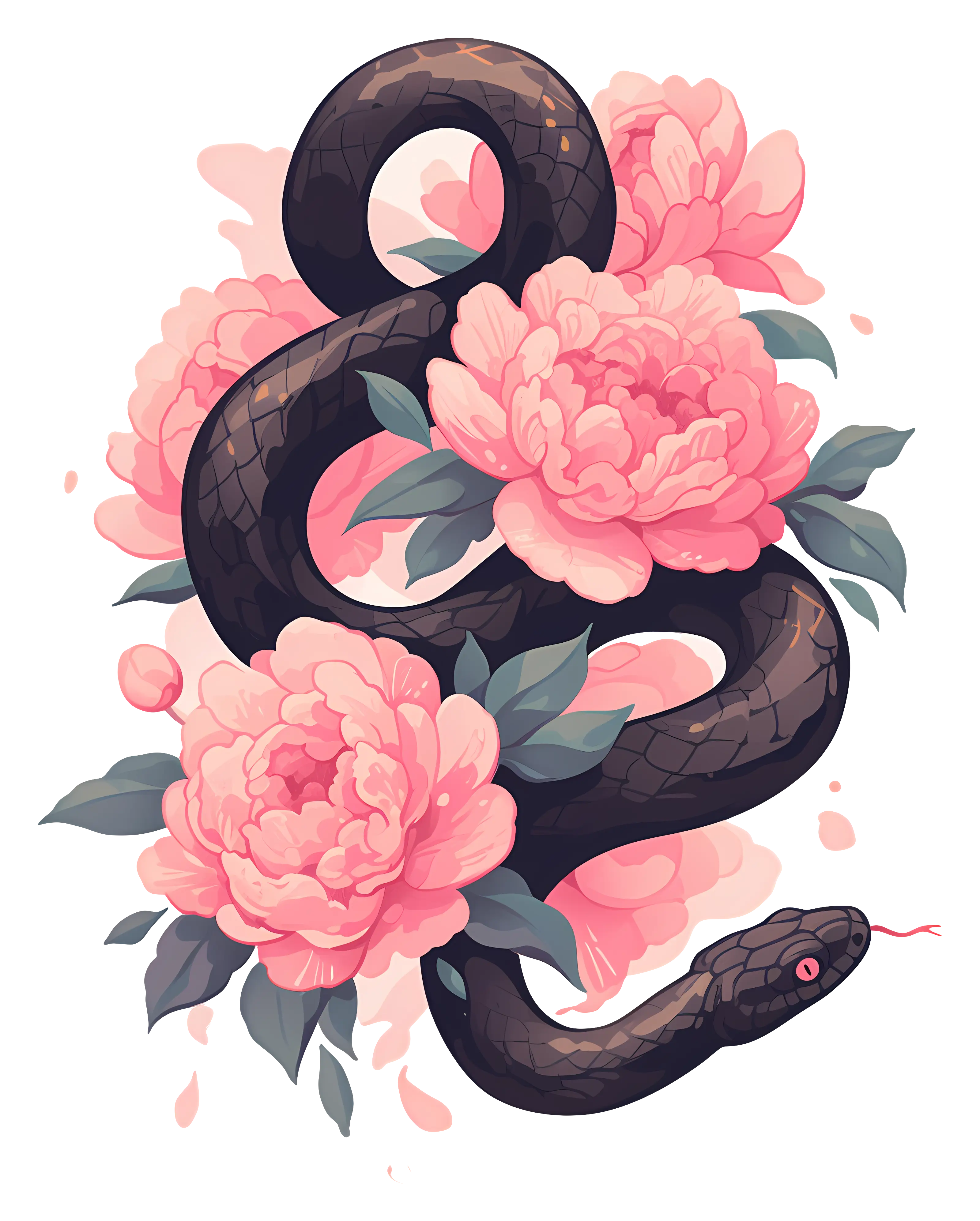 Black Snake with Pink Peonies