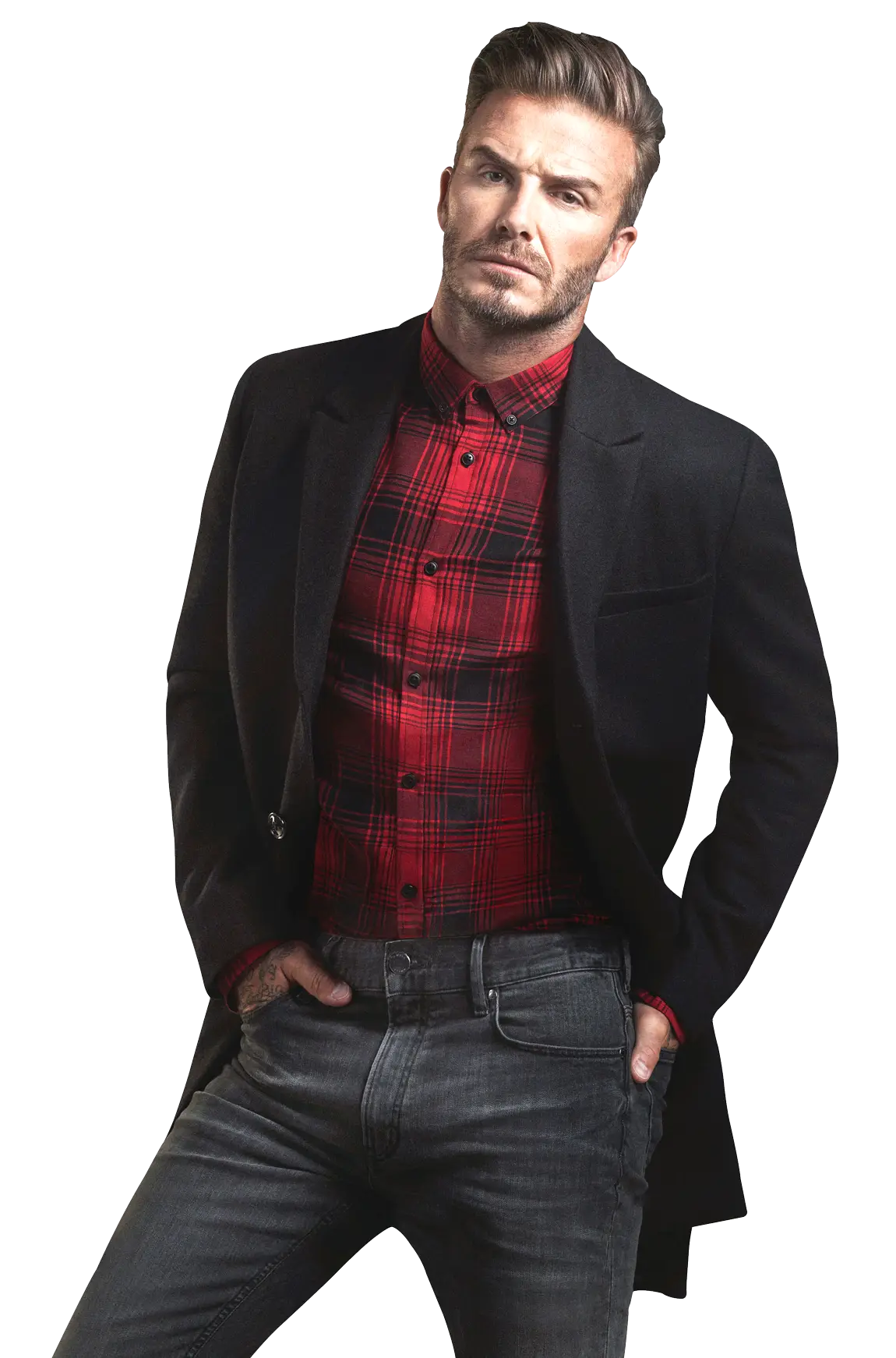 Man in Red Plaid Shirt and Black Coat