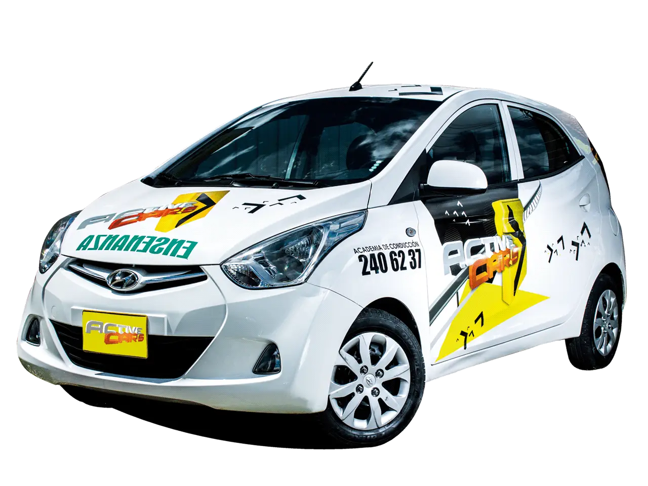 White Car with Advertising Graphics