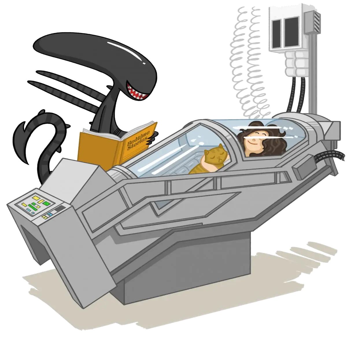 Alien Reading to Human in Spaceship