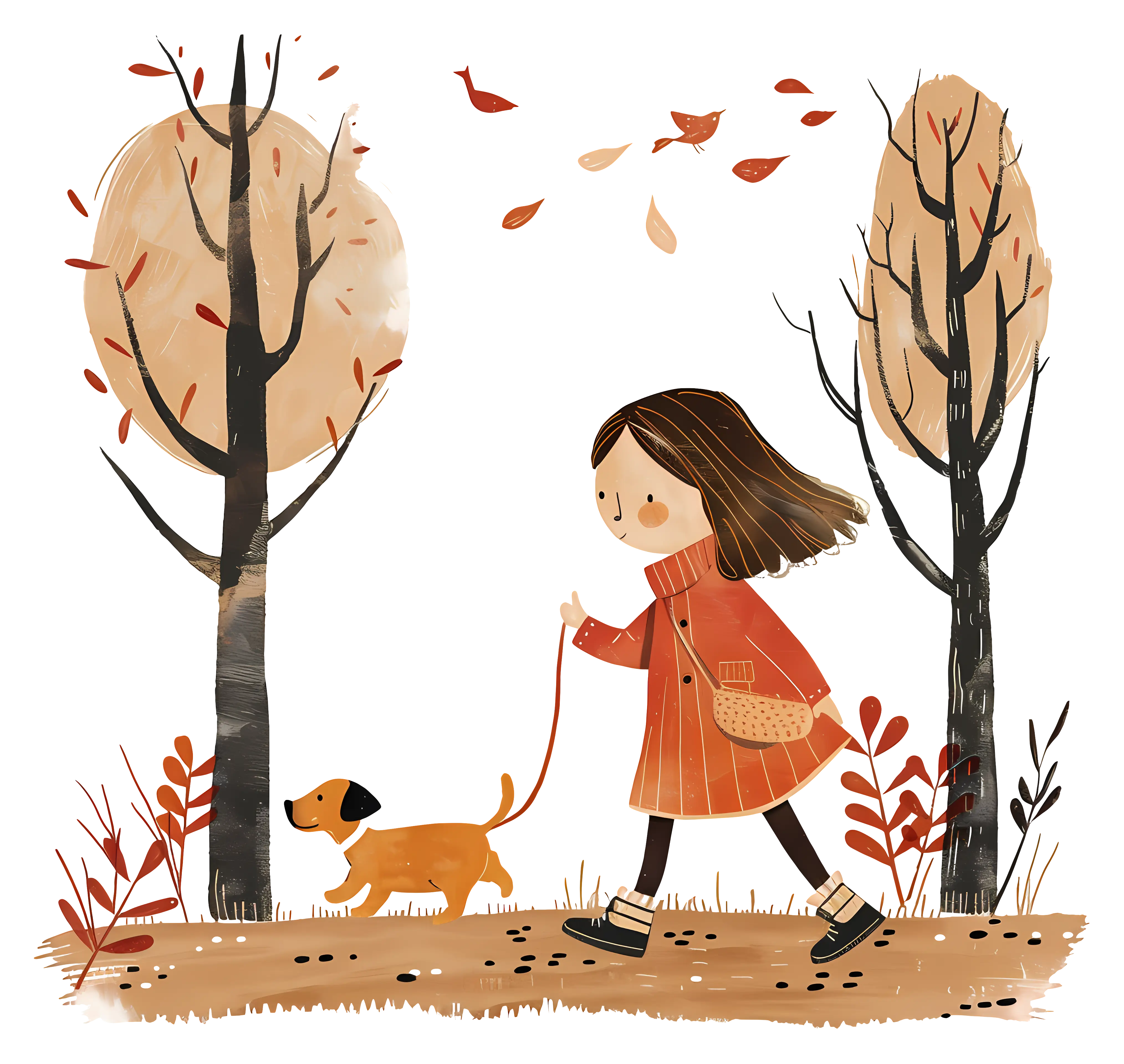Girl Walking a Dog in Autumnal Scene