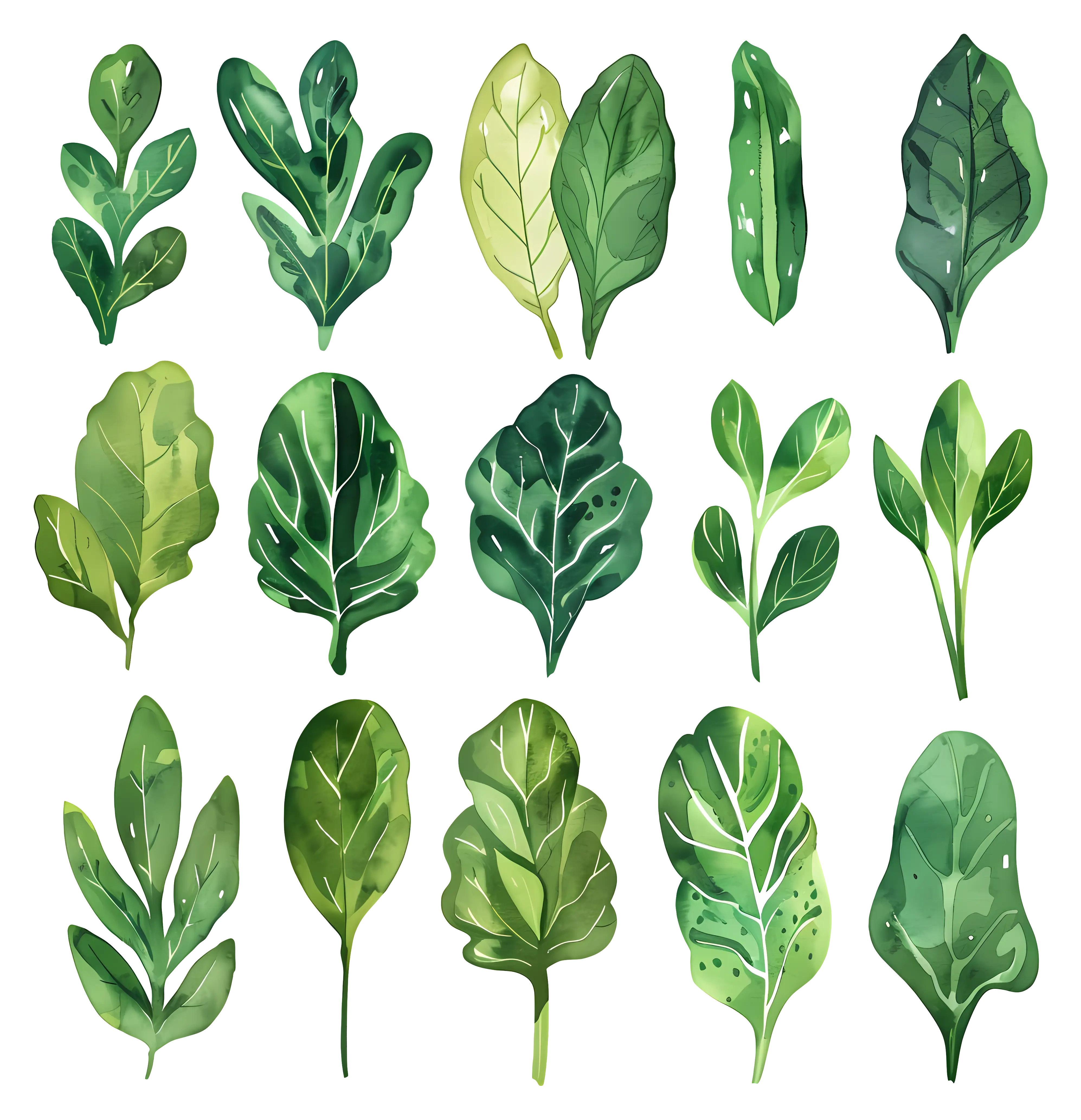 Collection of Green Leaves Watercolor Illustration
