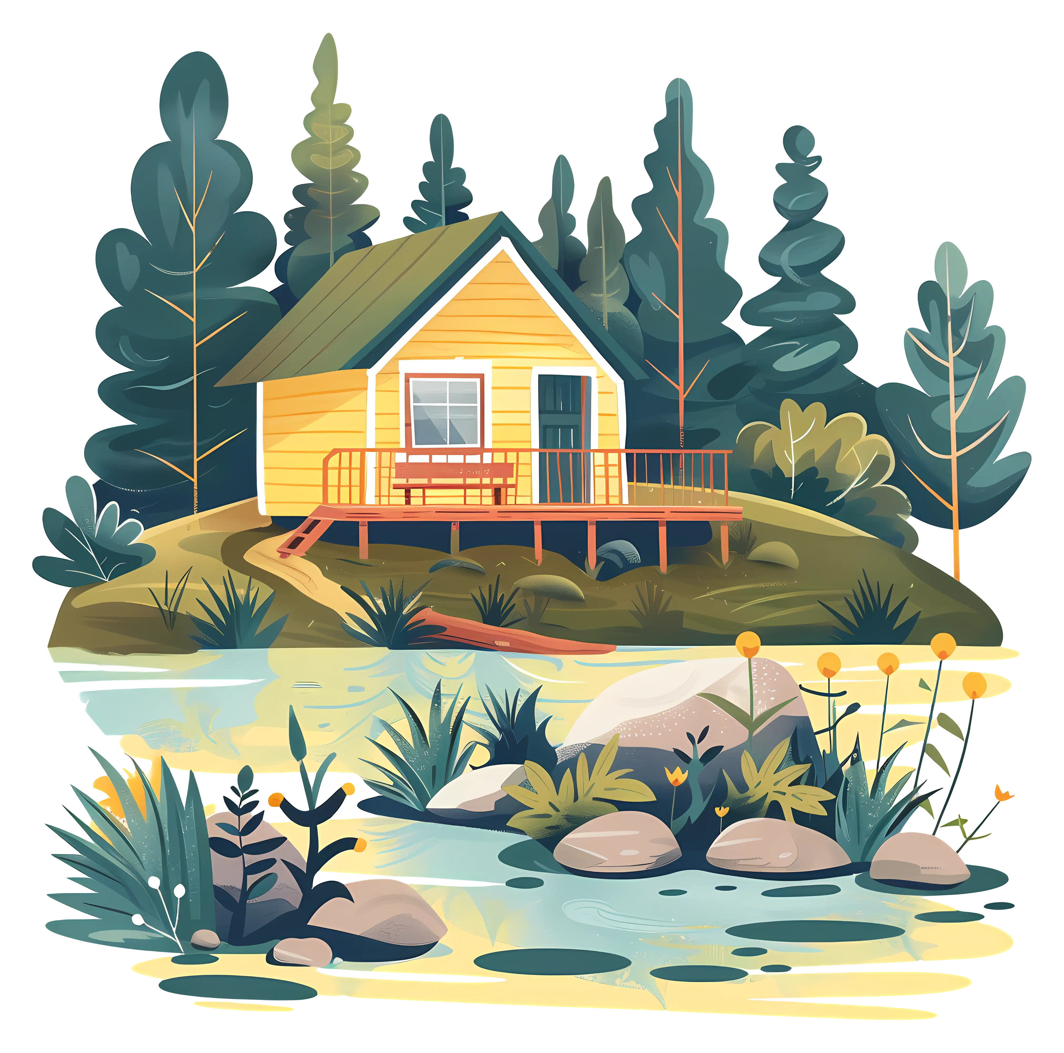 Yellow House Illustration by the Lake