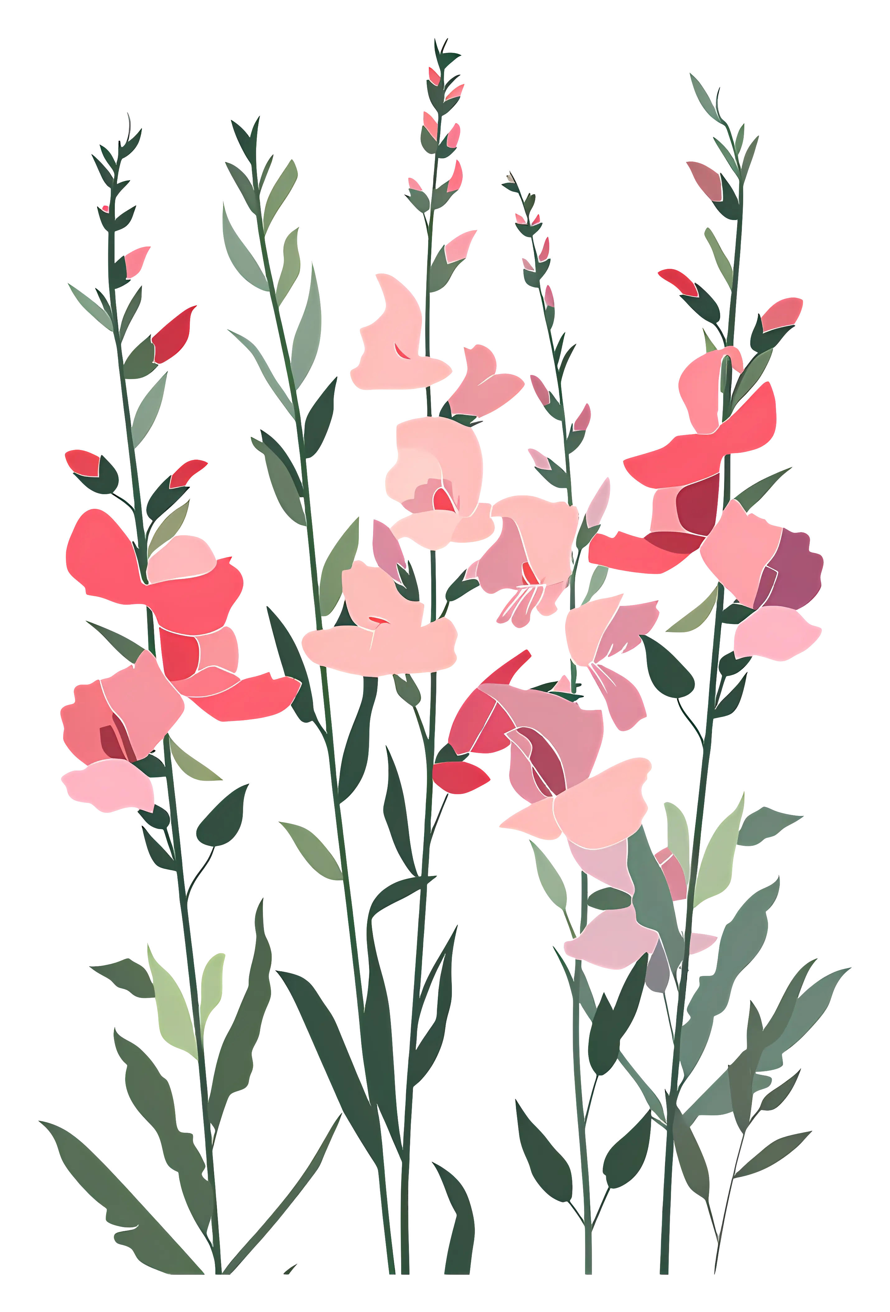 Pink and Green Flowers Botanical Illustration