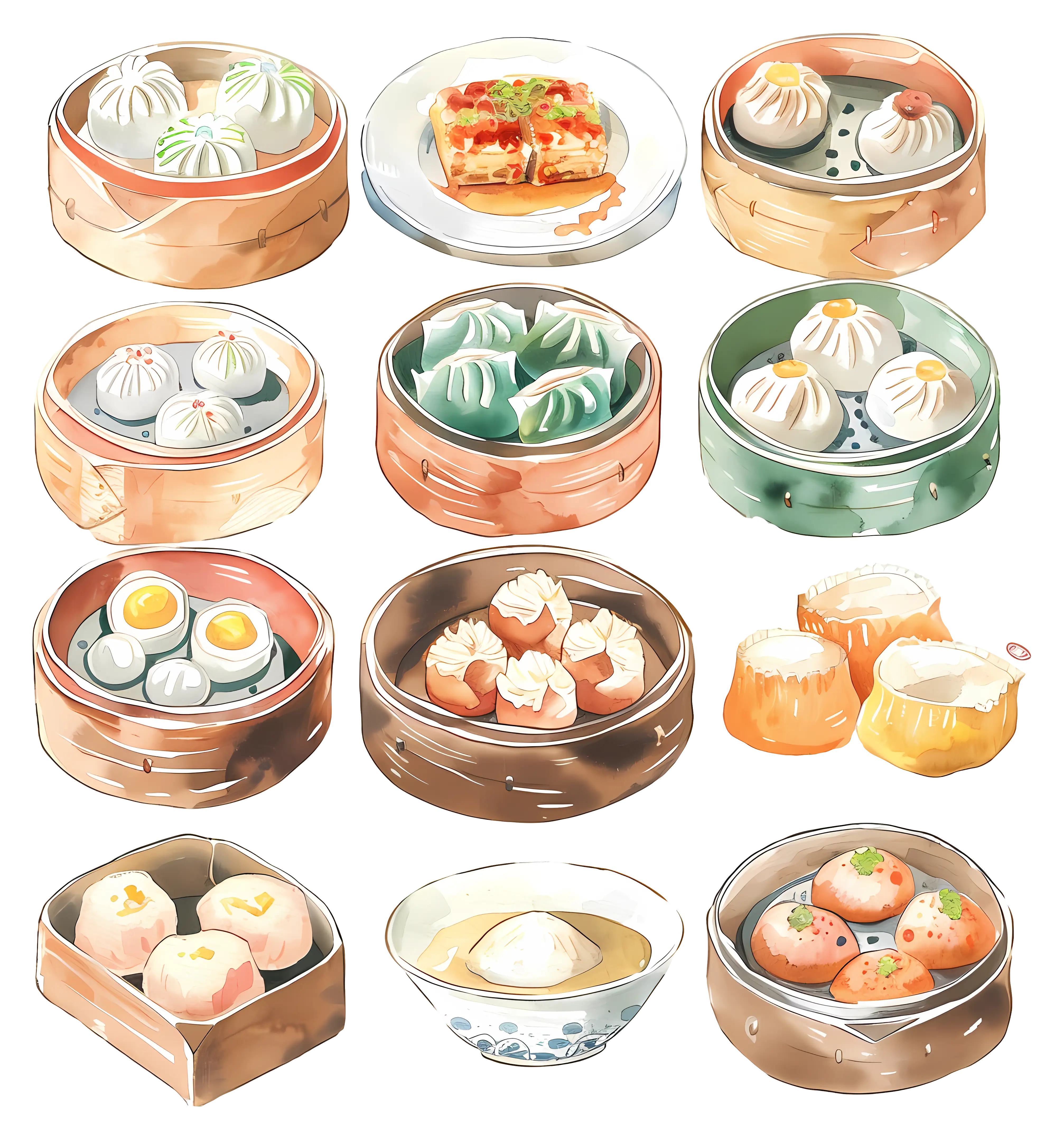 Dim Sum Selection in Watercolor Style