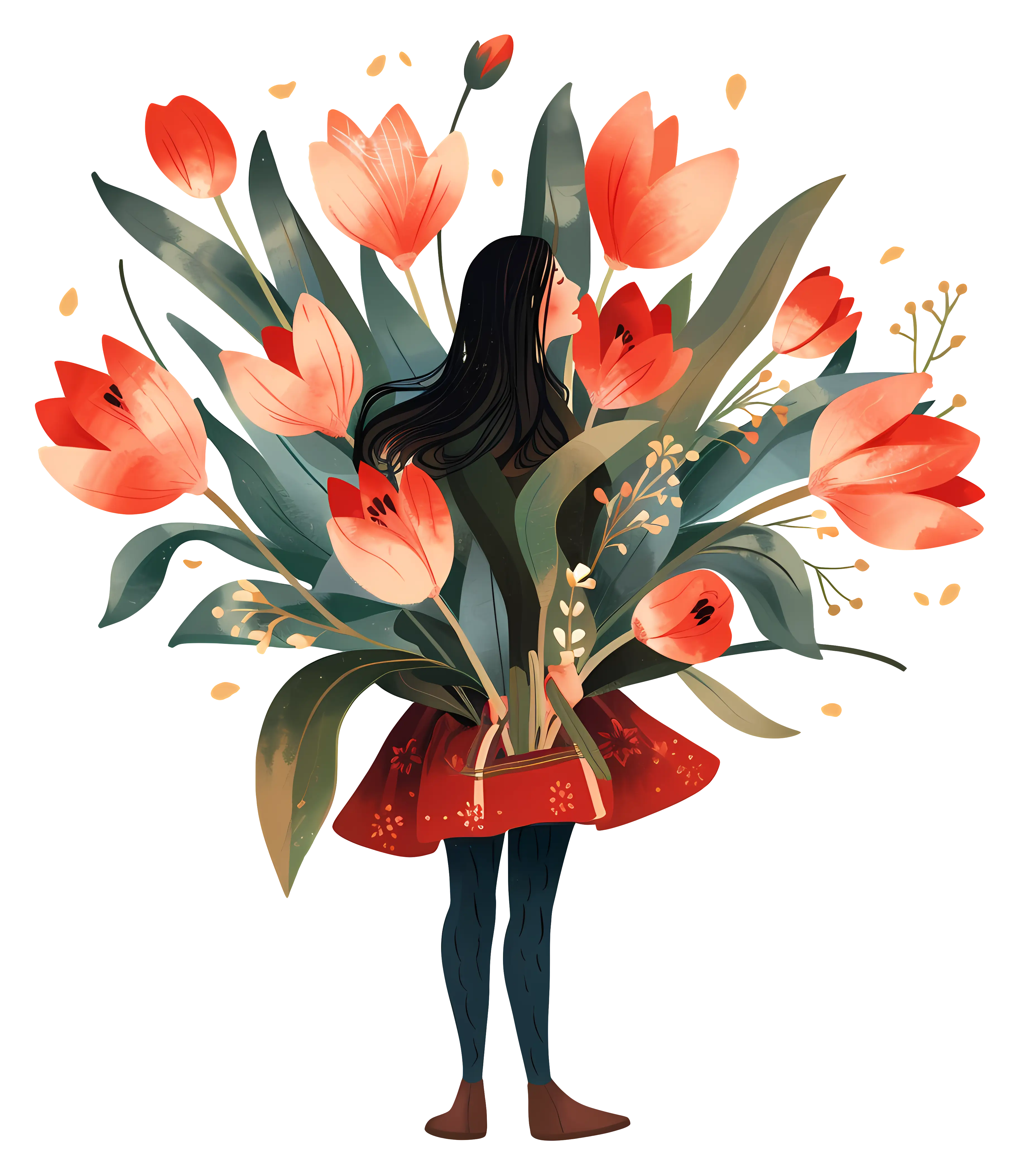 Girl Holding a Bouquet of Tulips