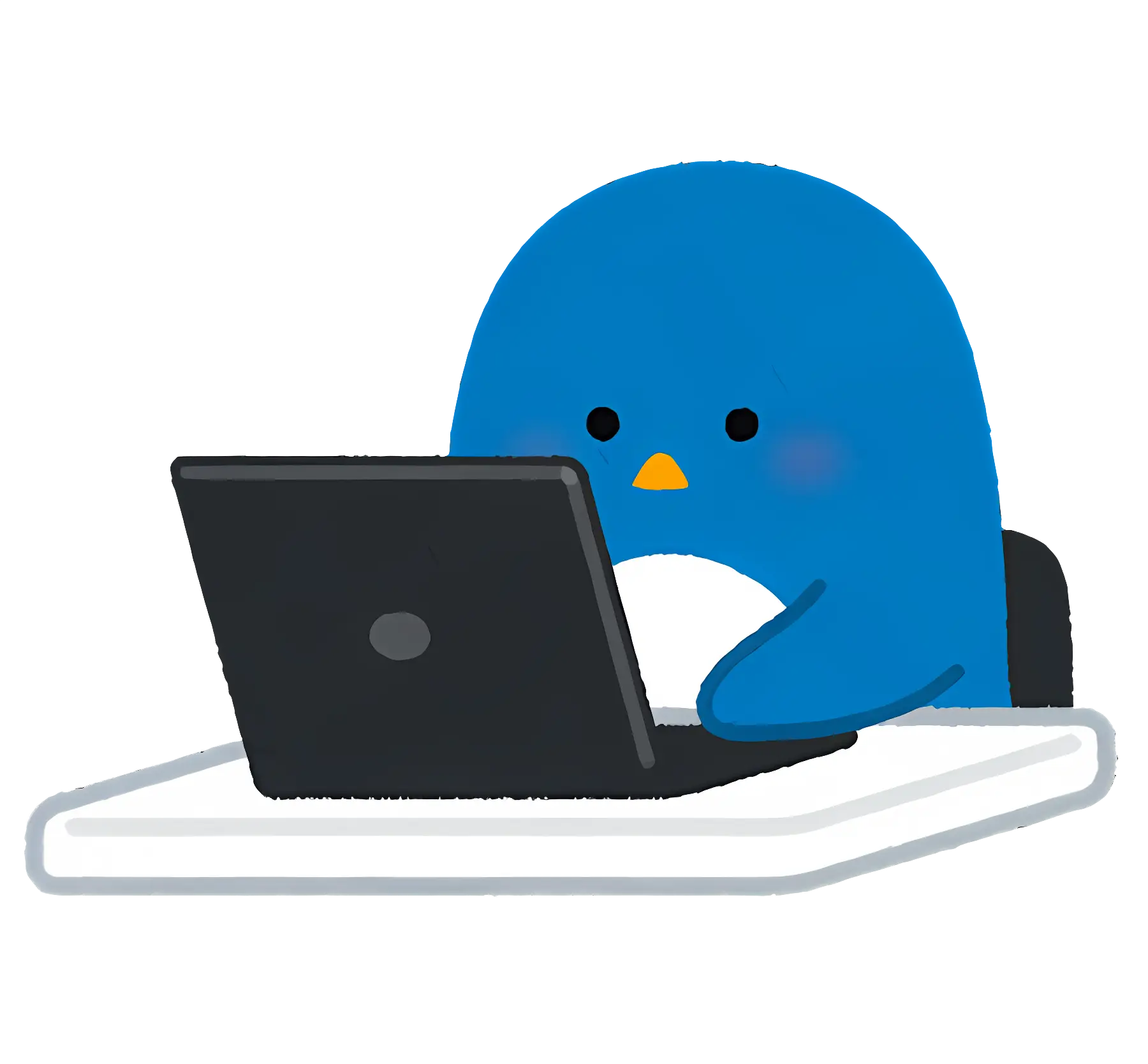 Cartoon Blue Penguin Working on Laptop