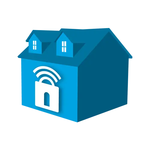 Blue Smart House with Security Icon