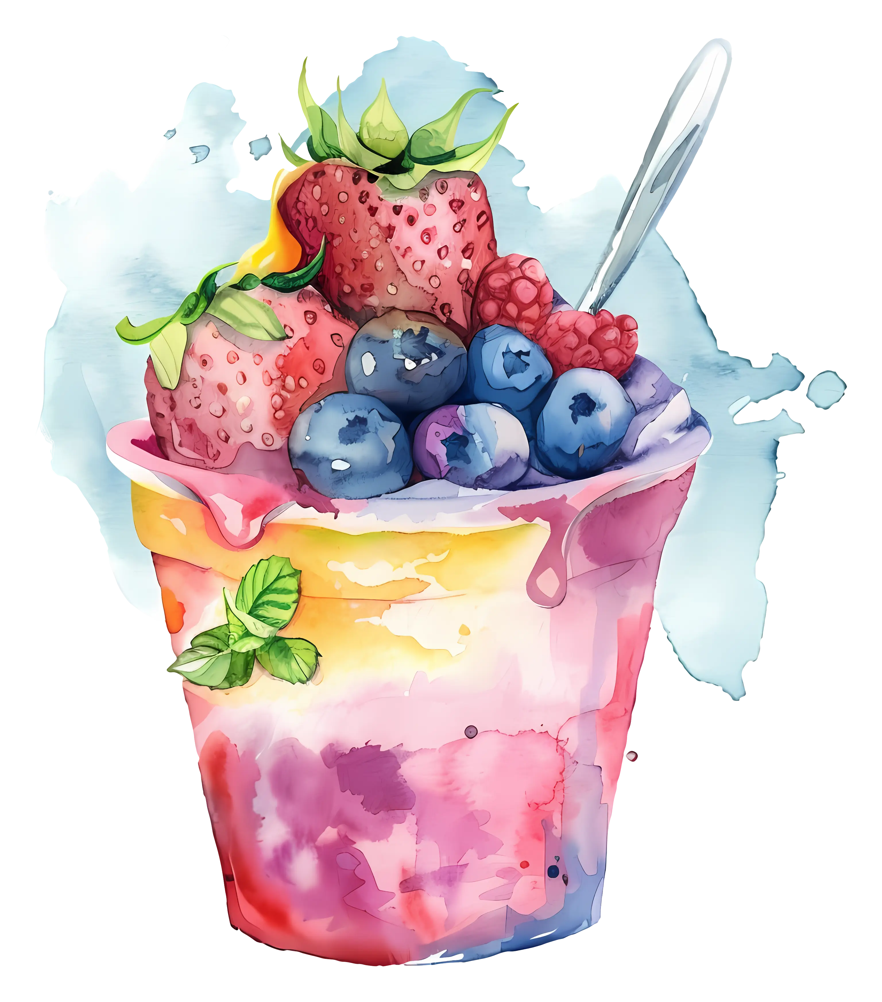 Watercolor Fruit Yogurt Cup with Berries