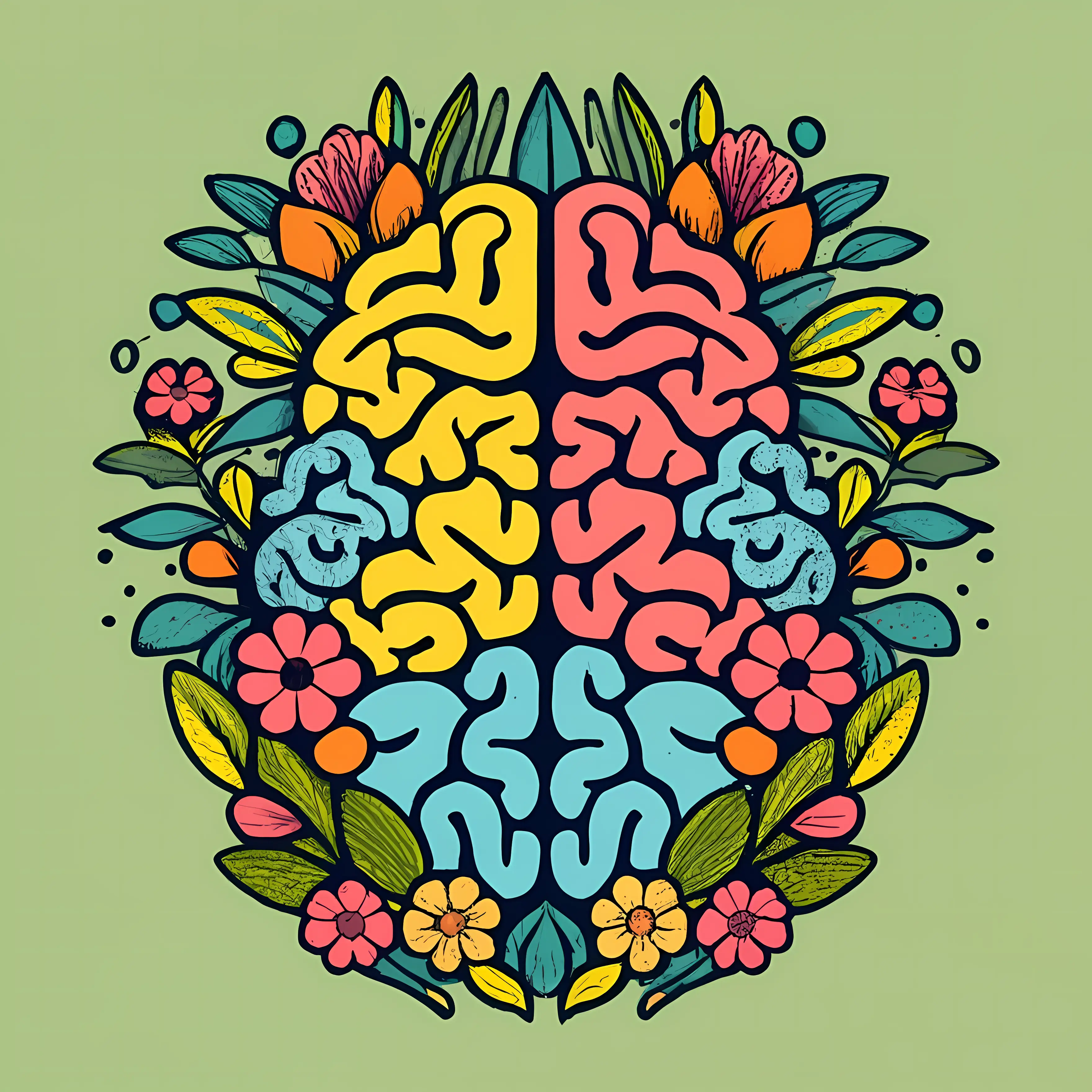 Colorful Brain Illustration with Flowers