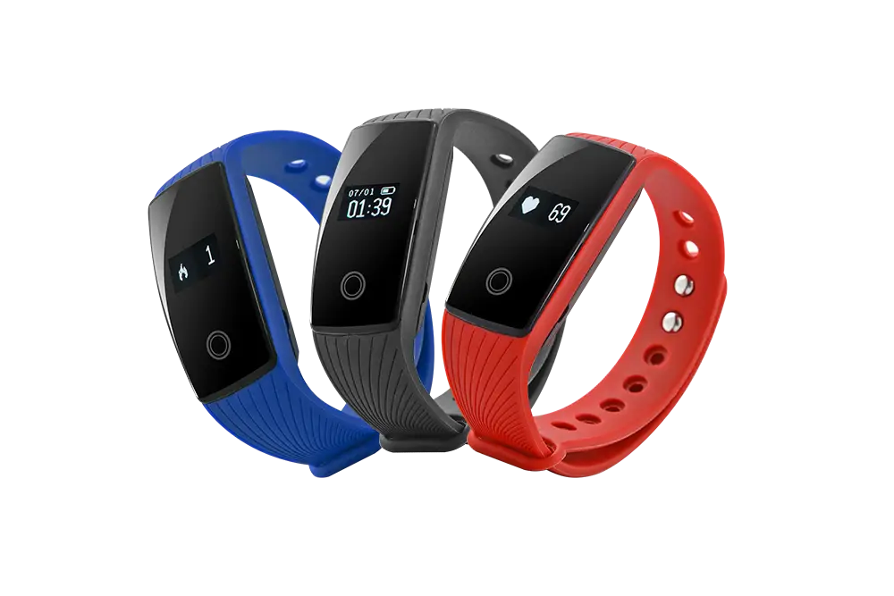 Red, Black and Blue Fitness Trackers
