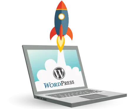 Laptop with WordPress and rocket launch