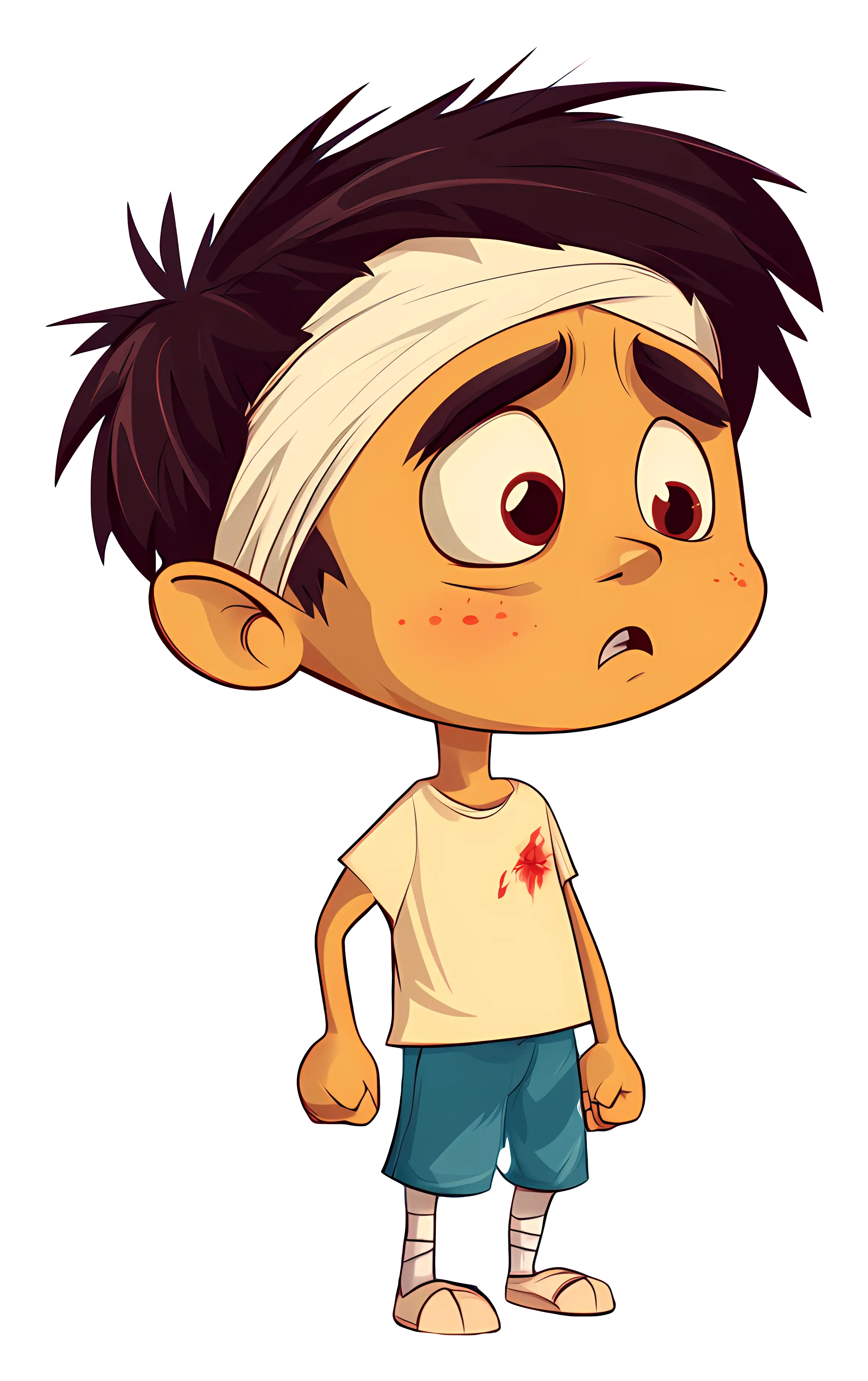 Injured Cartoon Boy with Bandages