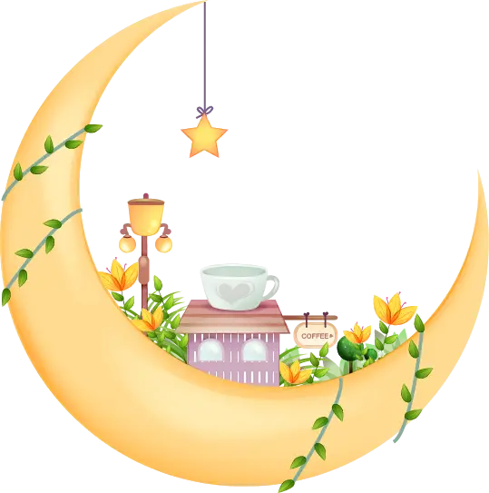 Illustration of Moon with Coffee and Flowers