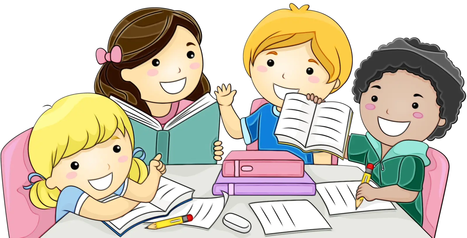 Happy Children Studying Together in Cartoon Style