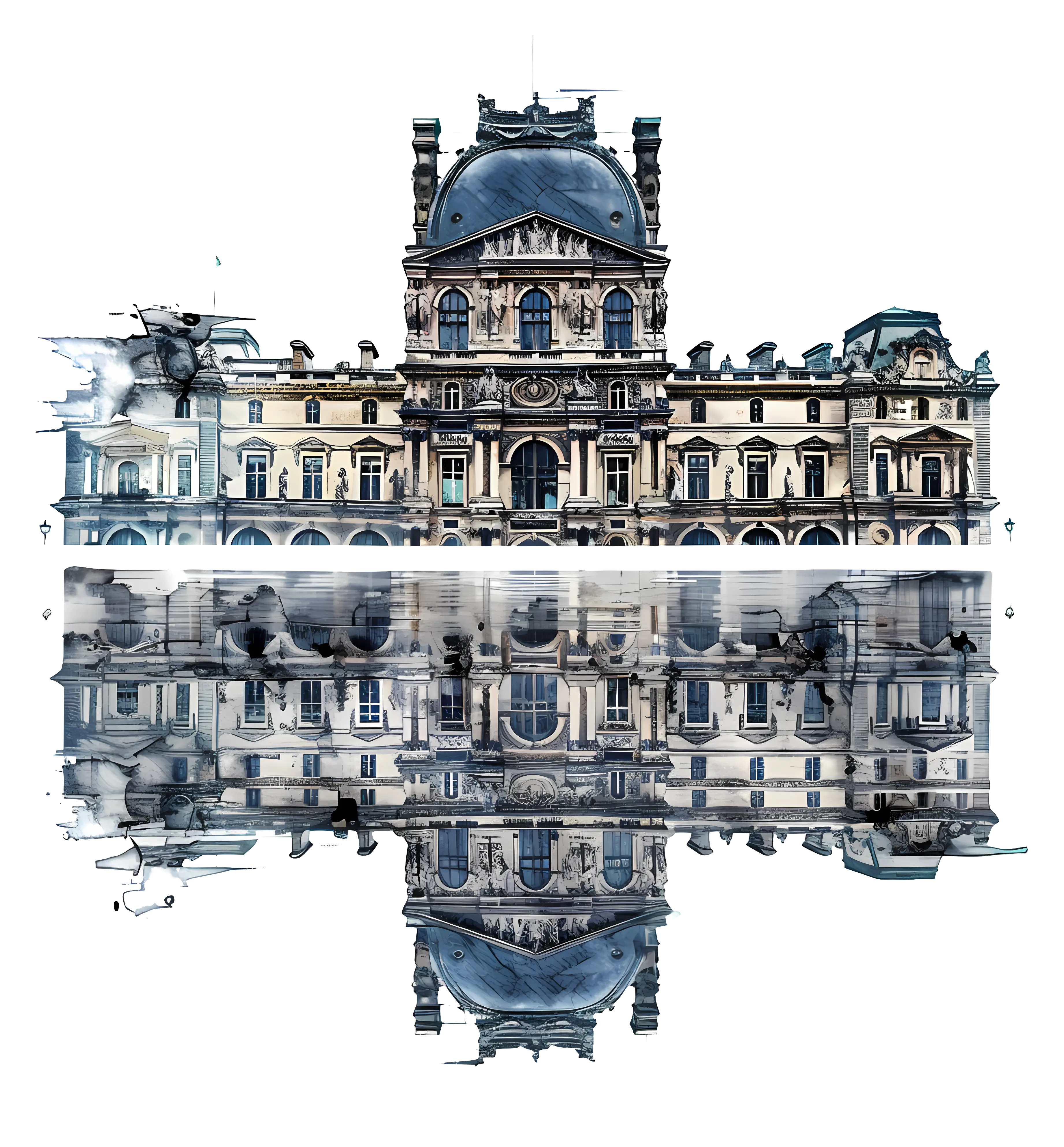 Historic Building with Watercolor Reflection