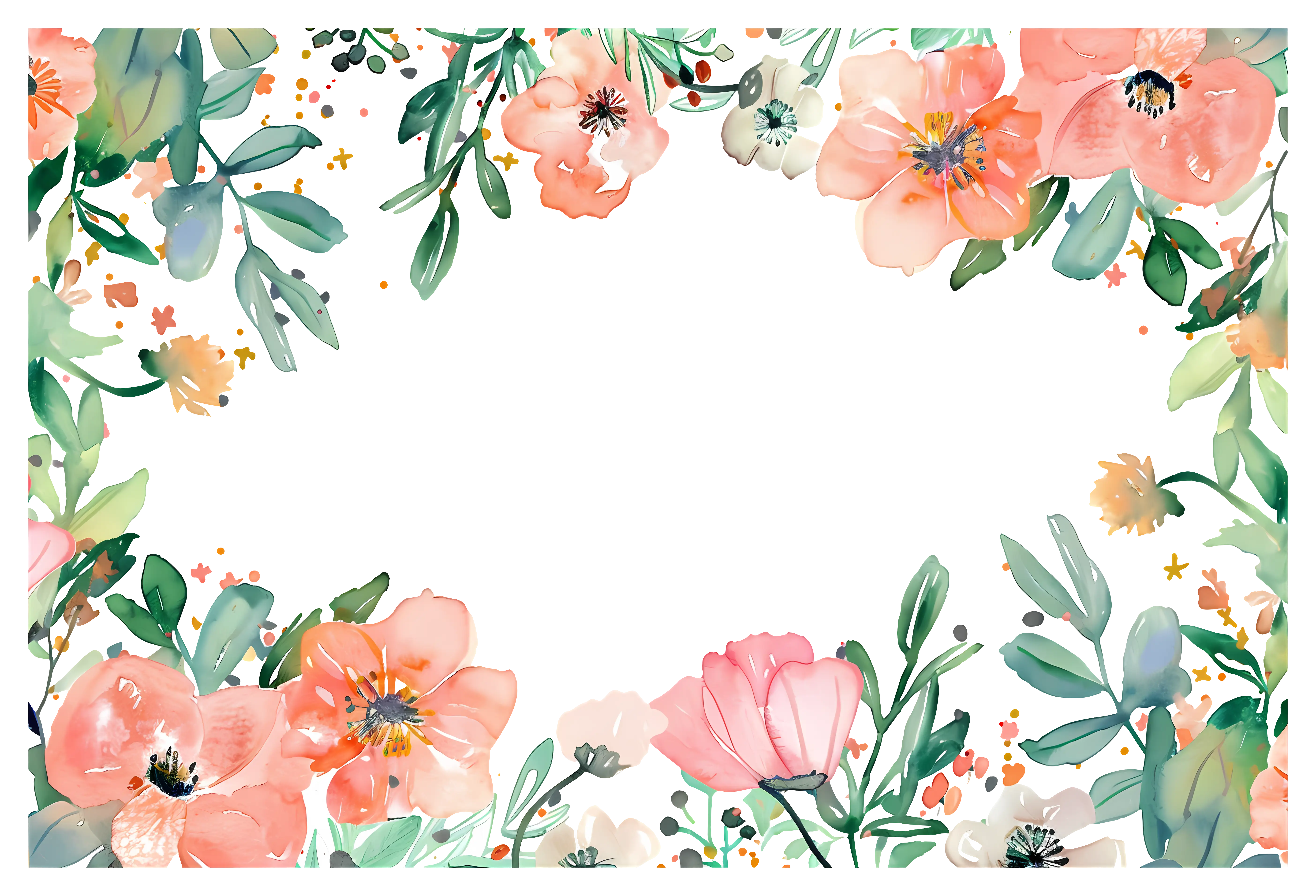 Watercolor Floral Border with Greenery