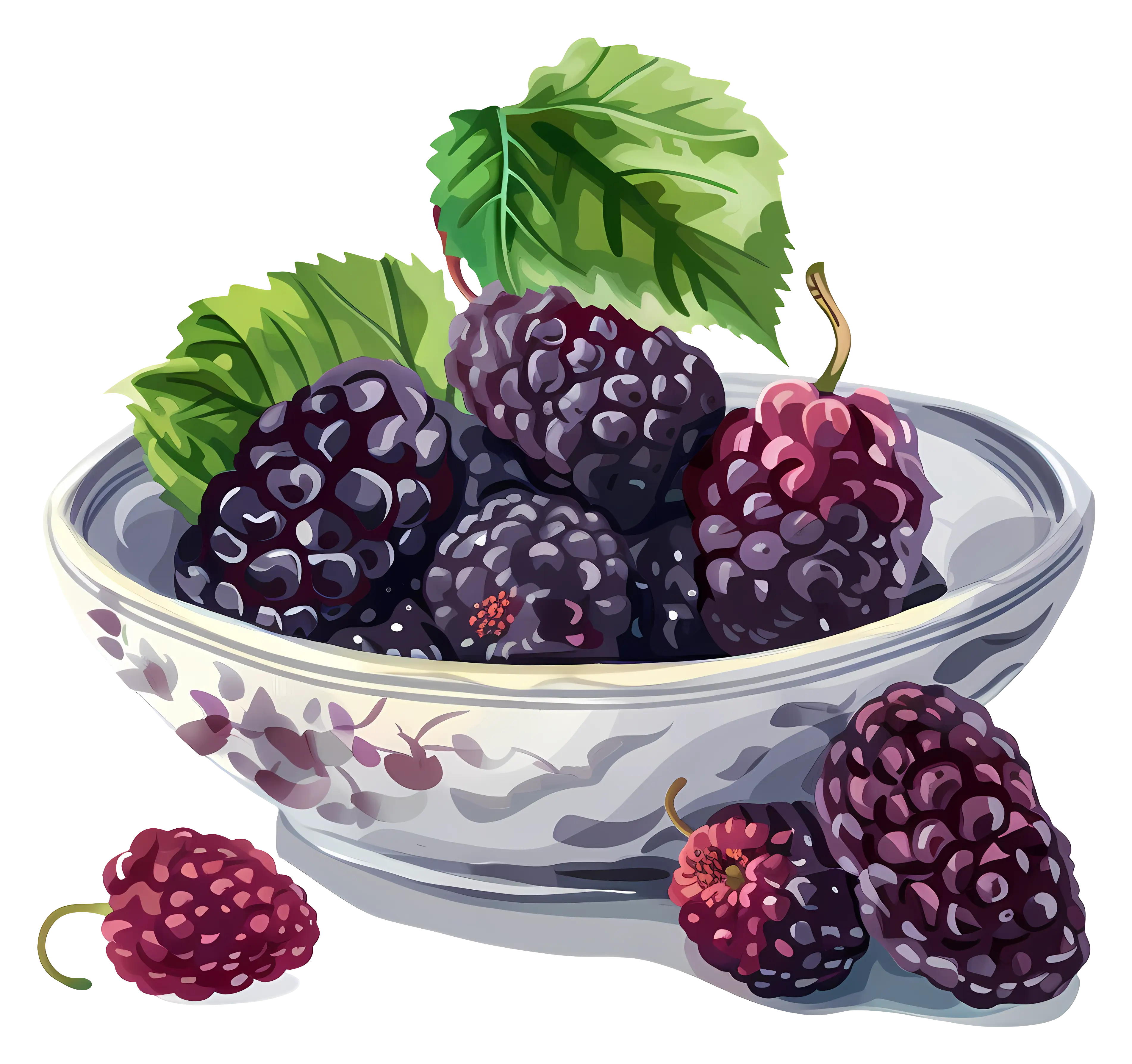 Bowl of Fresh Blackberries with Leaves