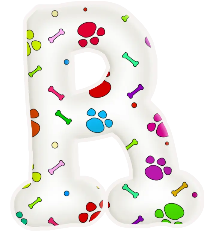 Colorful Letter R with Paw Prints and Bones