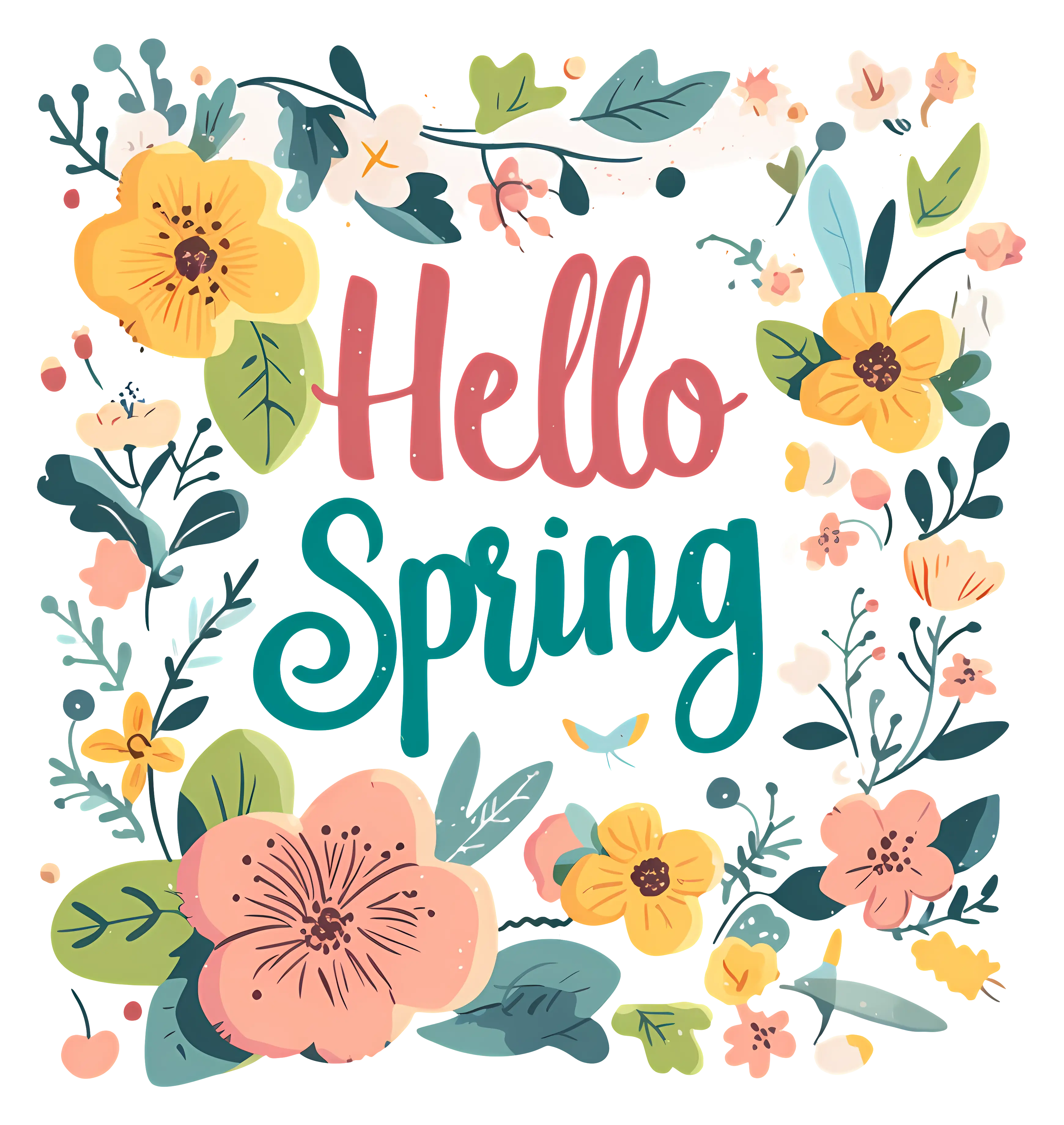 Hello Spring Floral Greeting with Blooming Flowers