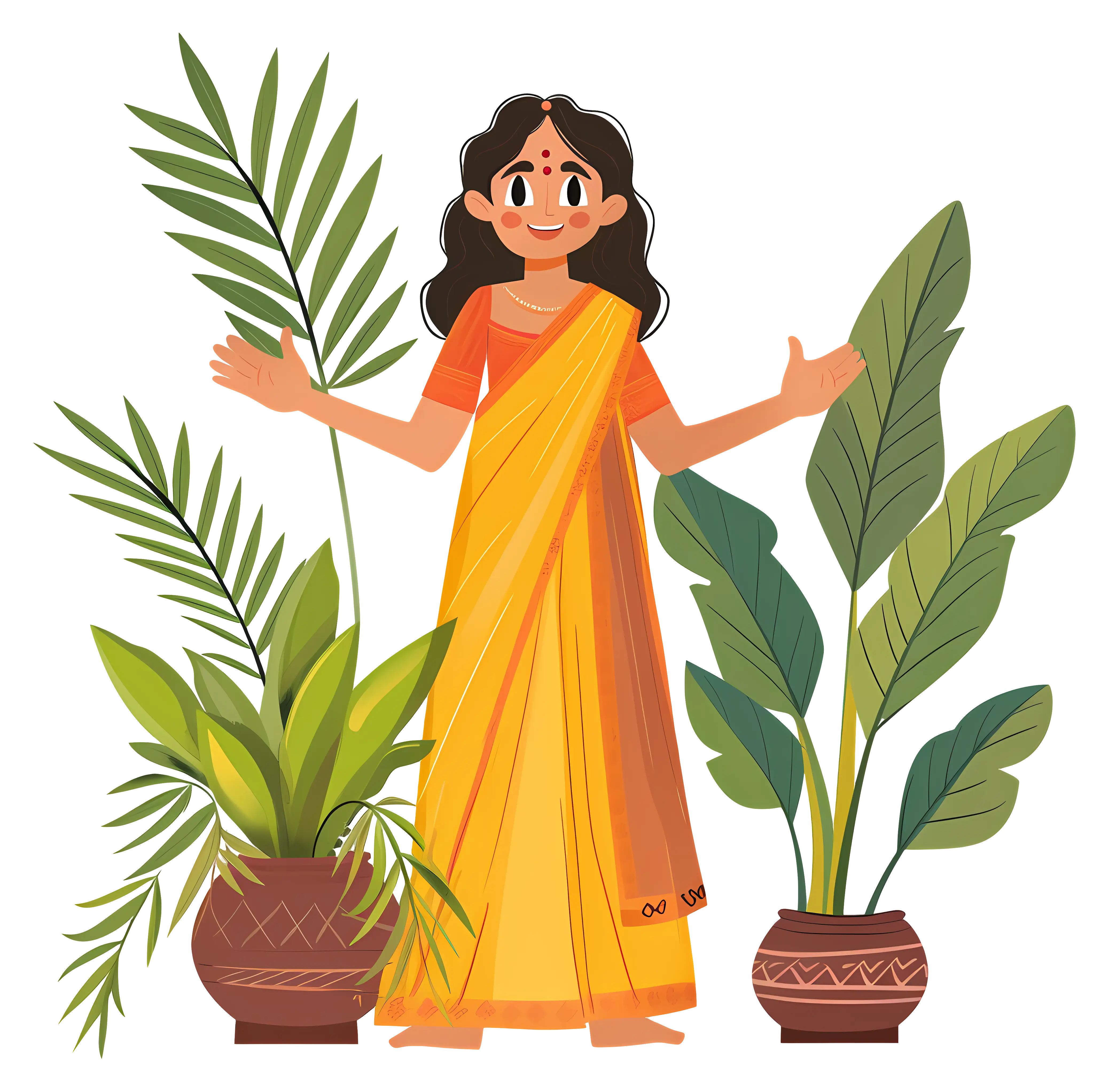 Woman in Yellow Saree with Plants