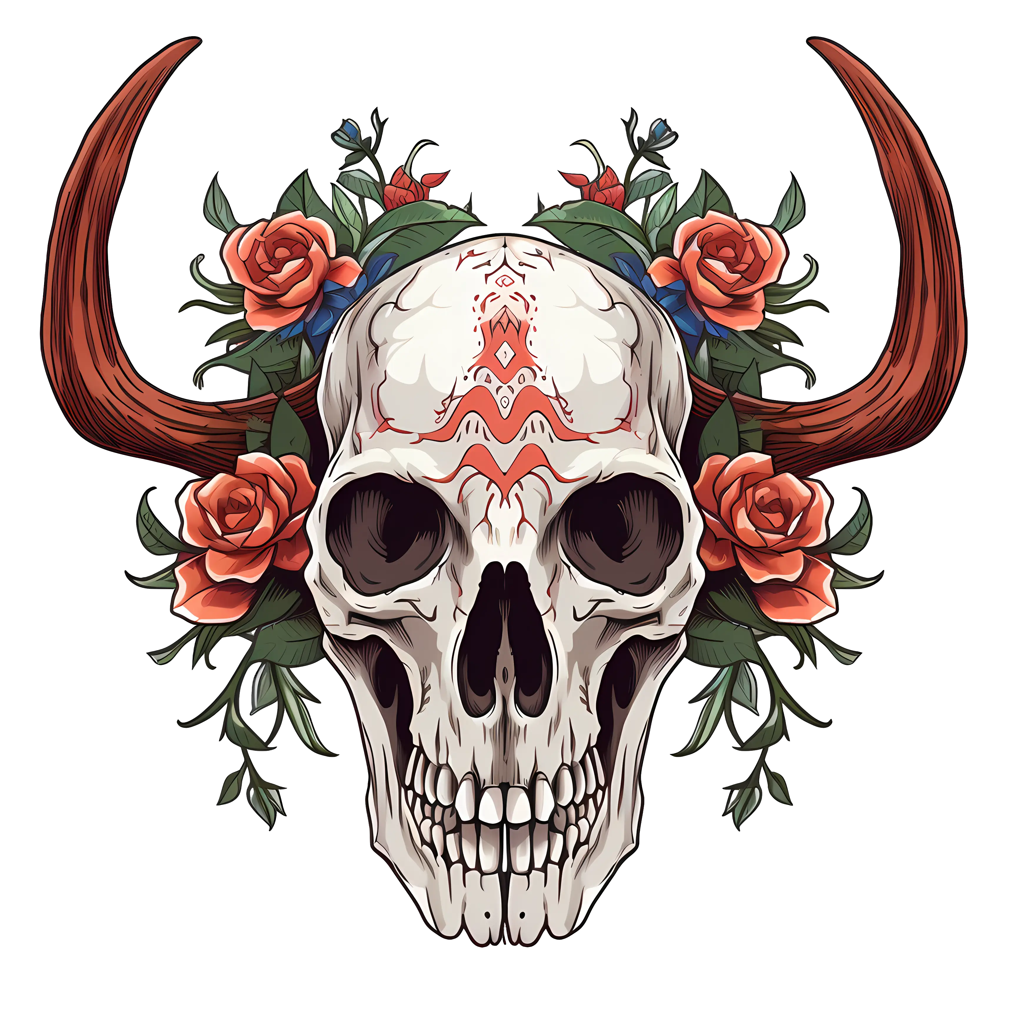 Bull Skull with Floral Decoration Illustration