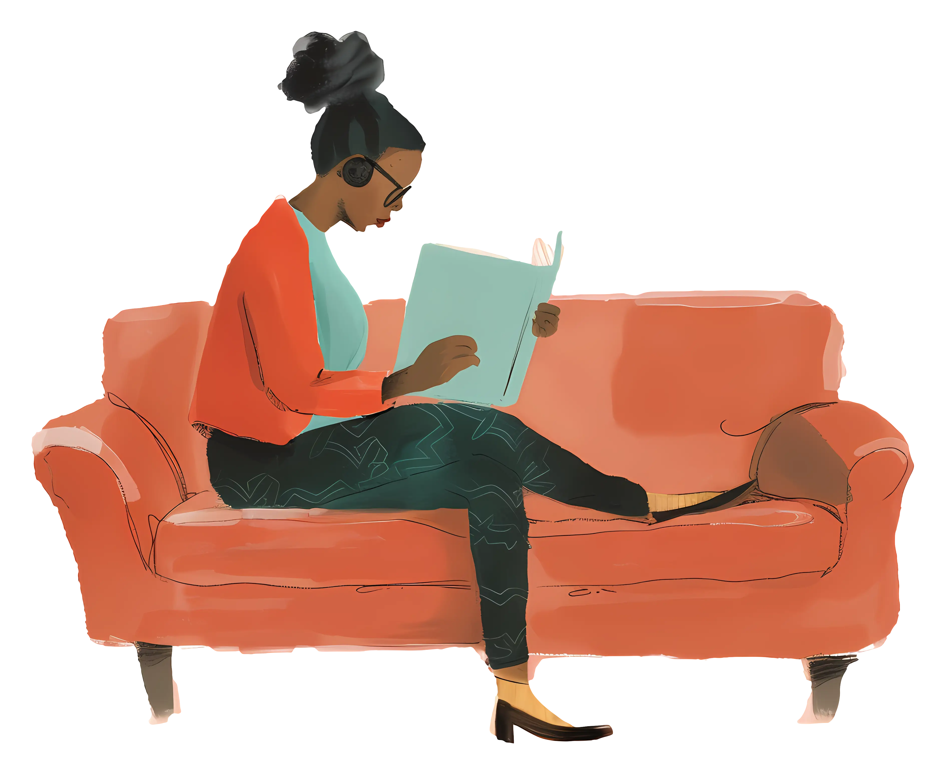 Woman Reading a Book on an Orange Sofa