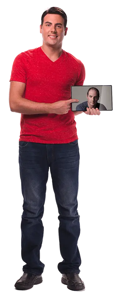 Man Holding Tablet in Red Shirt