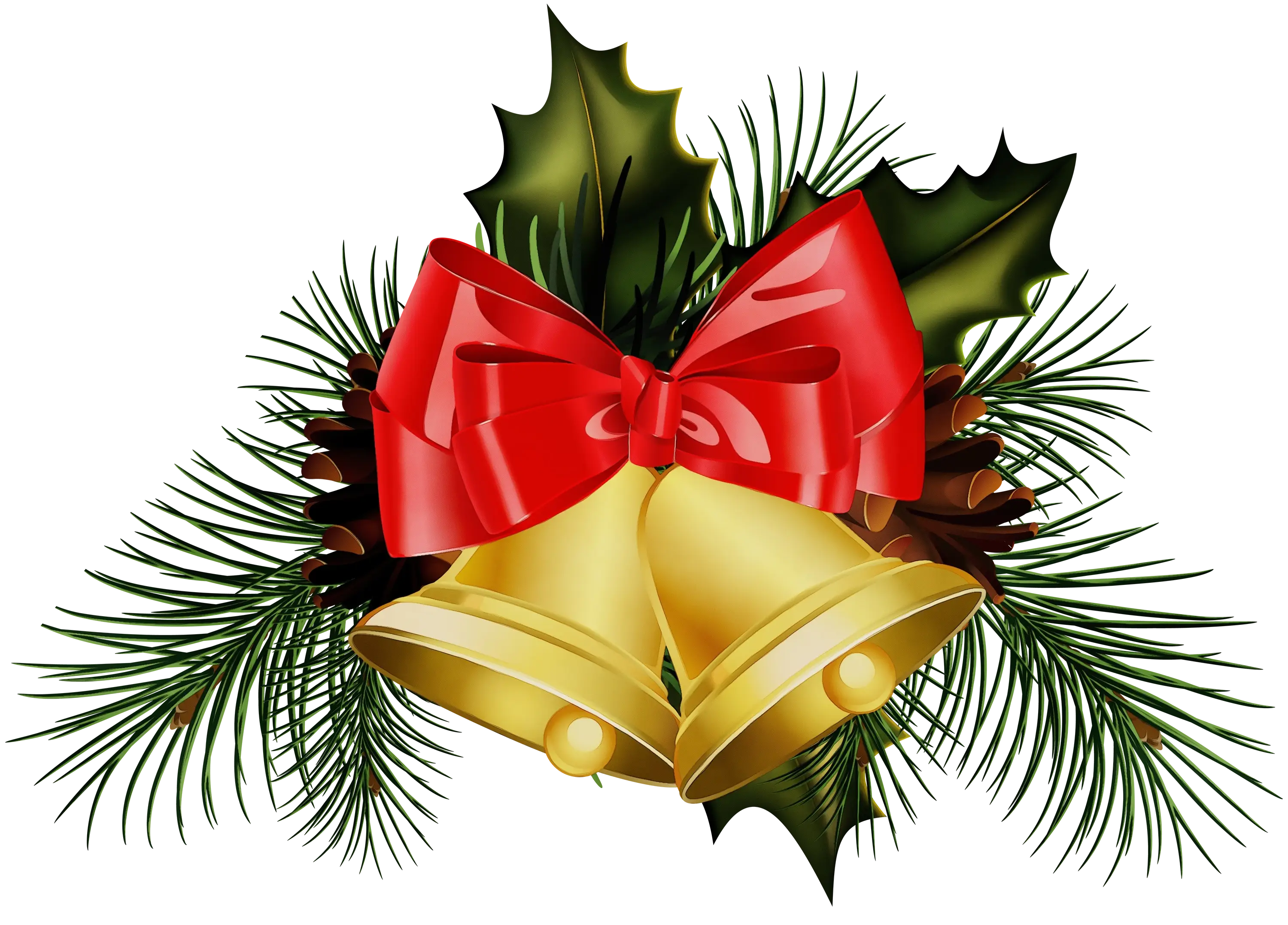 Golden Bells with Holly and Red Ribbon for Christmas