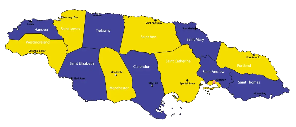 Map of Jamaica with Regions