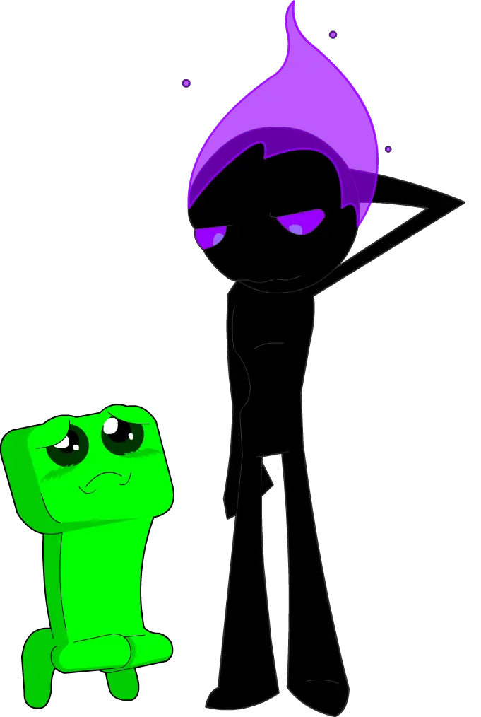 Cartoon Characters with Purple Flame and Green Block
