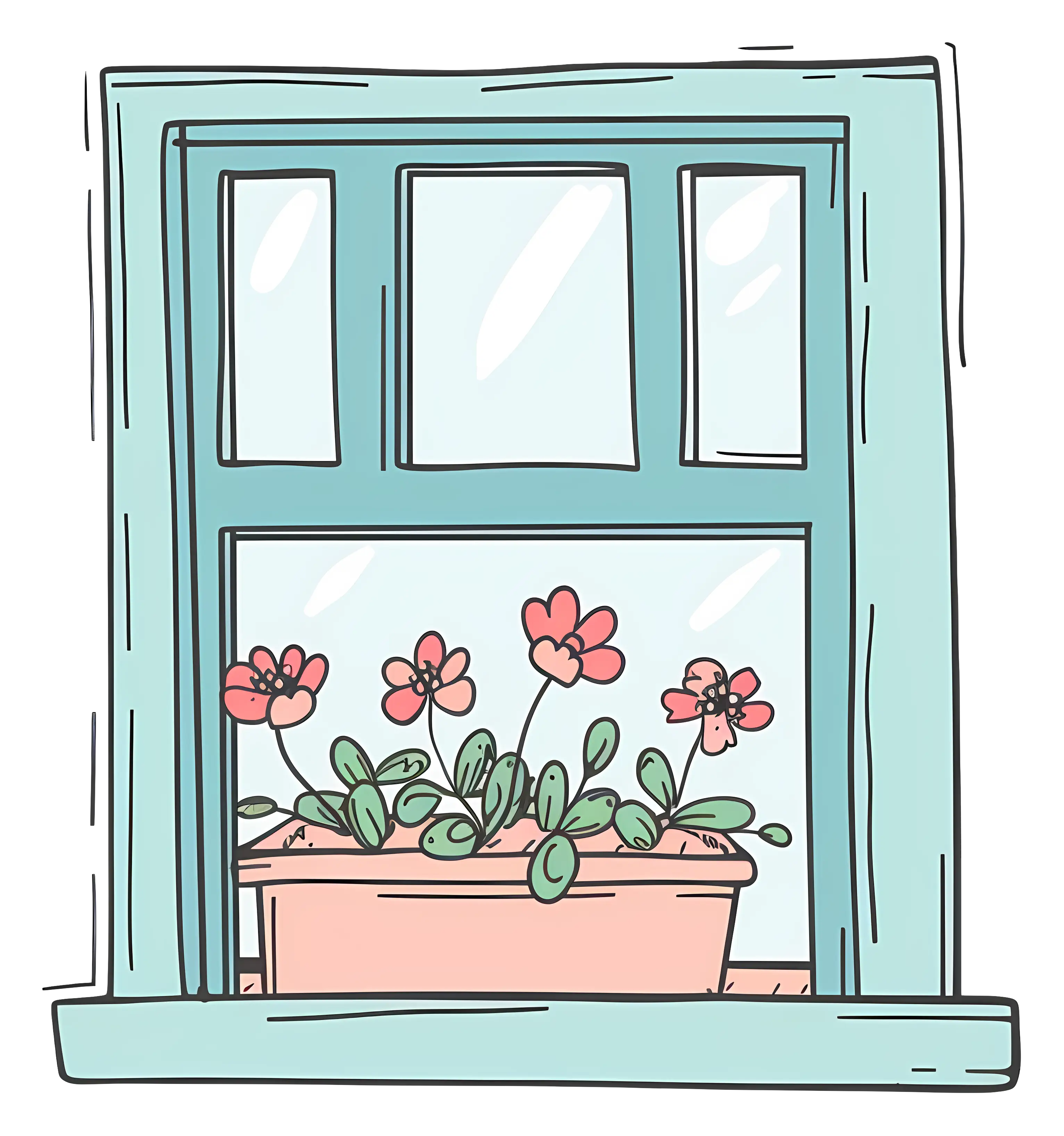 Cartoon Flowers in a Window Flower Pot