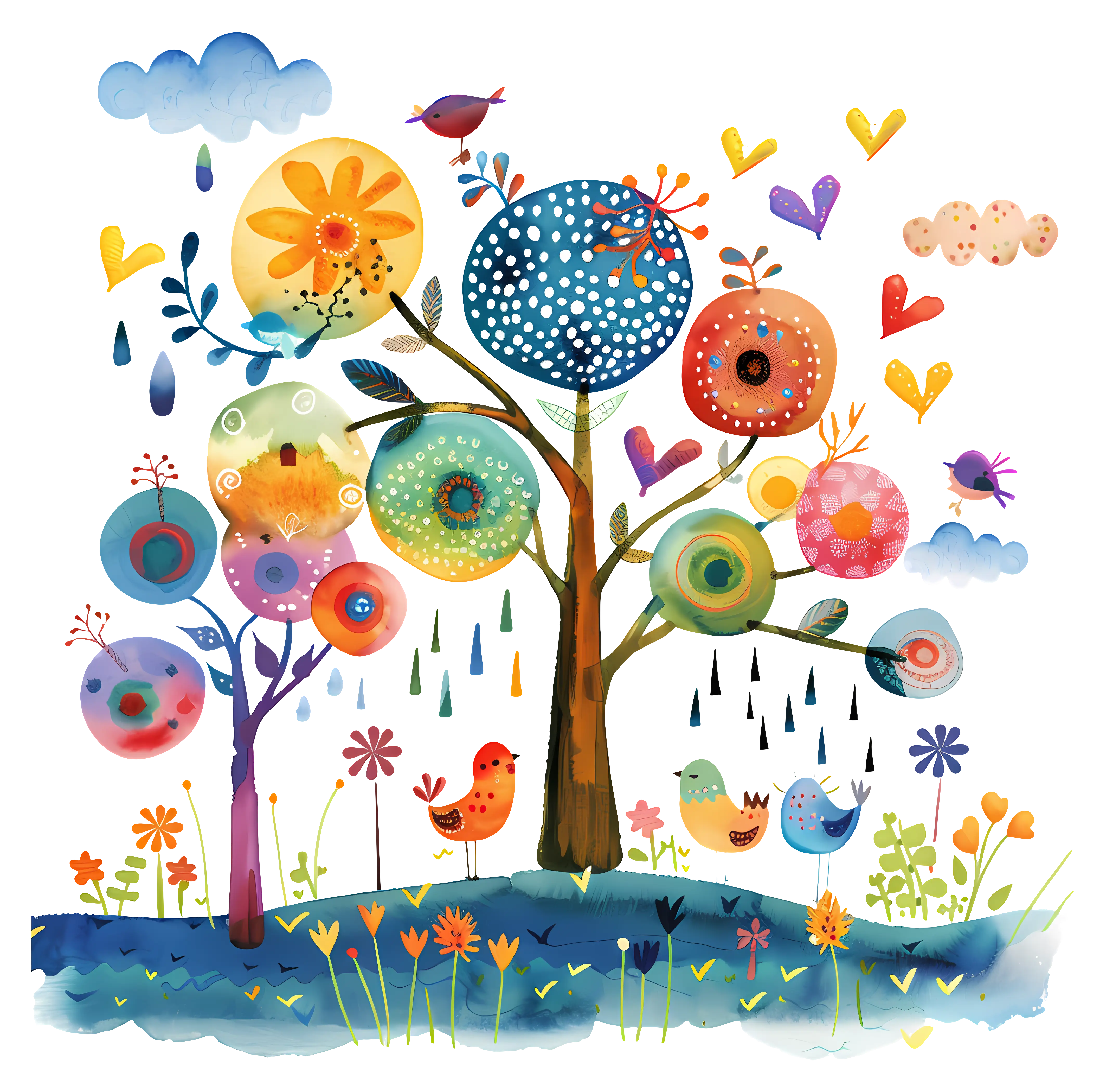 Colorful Trees and Birds in a Vibrant Garden