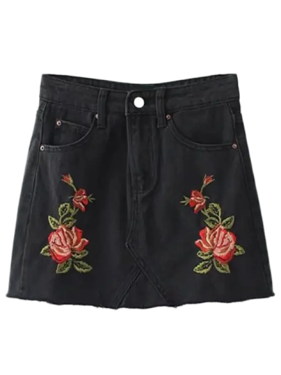Black Denim Skirt with Embroidered Roses