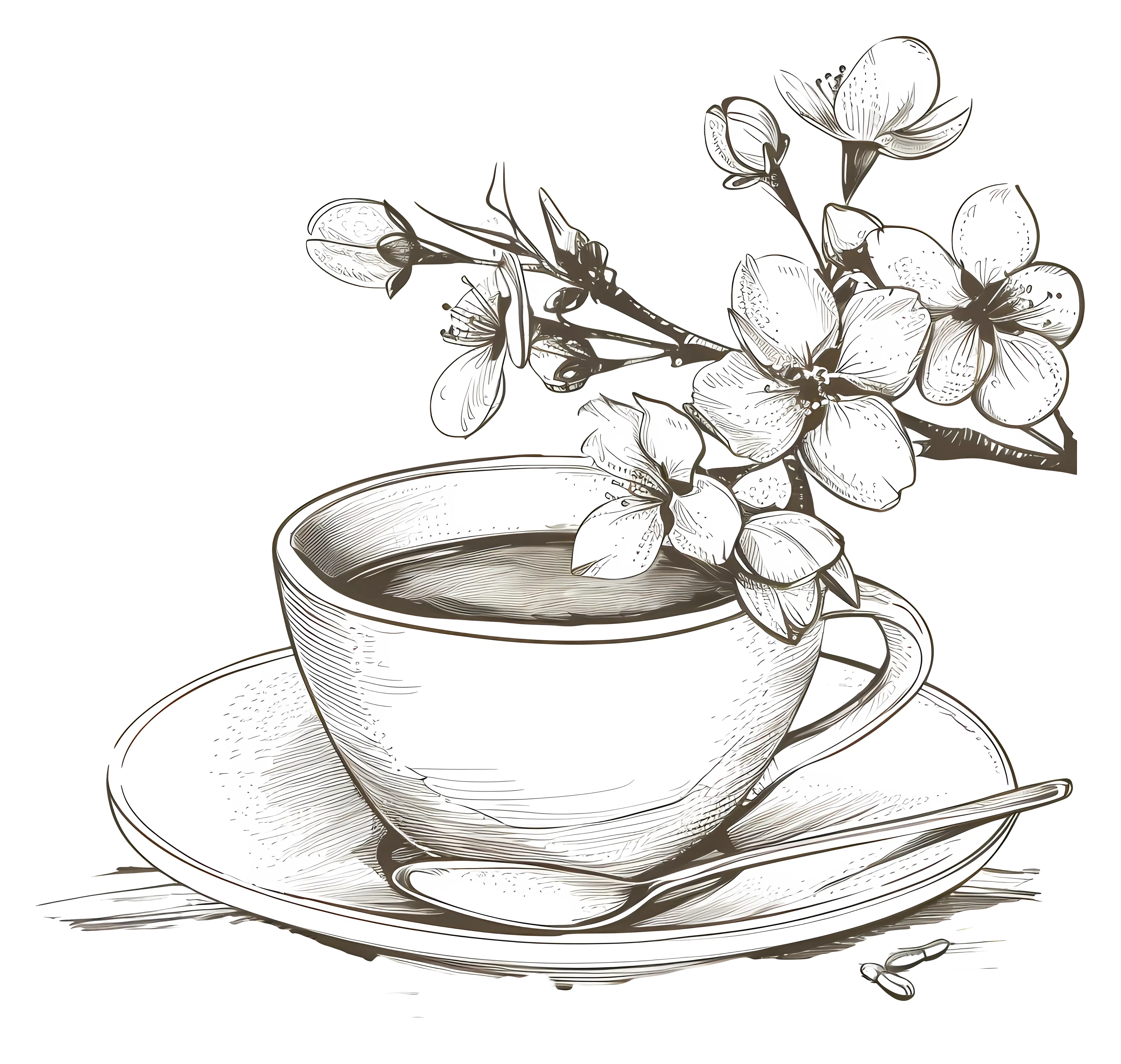 Hand-Drawn Sketch of Tea Cup and Flowers