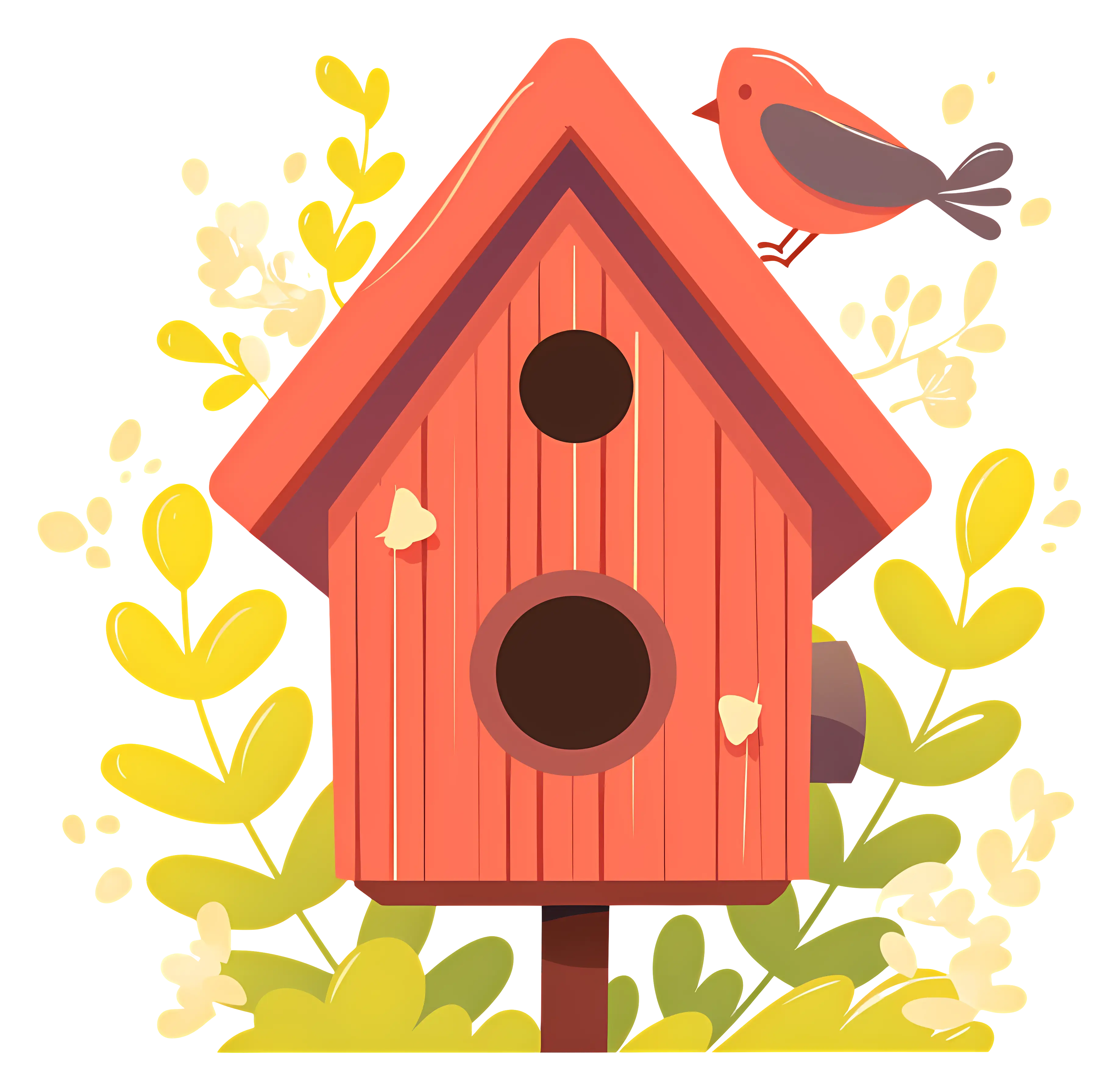 Red Birdhouse with Bird and Flowers