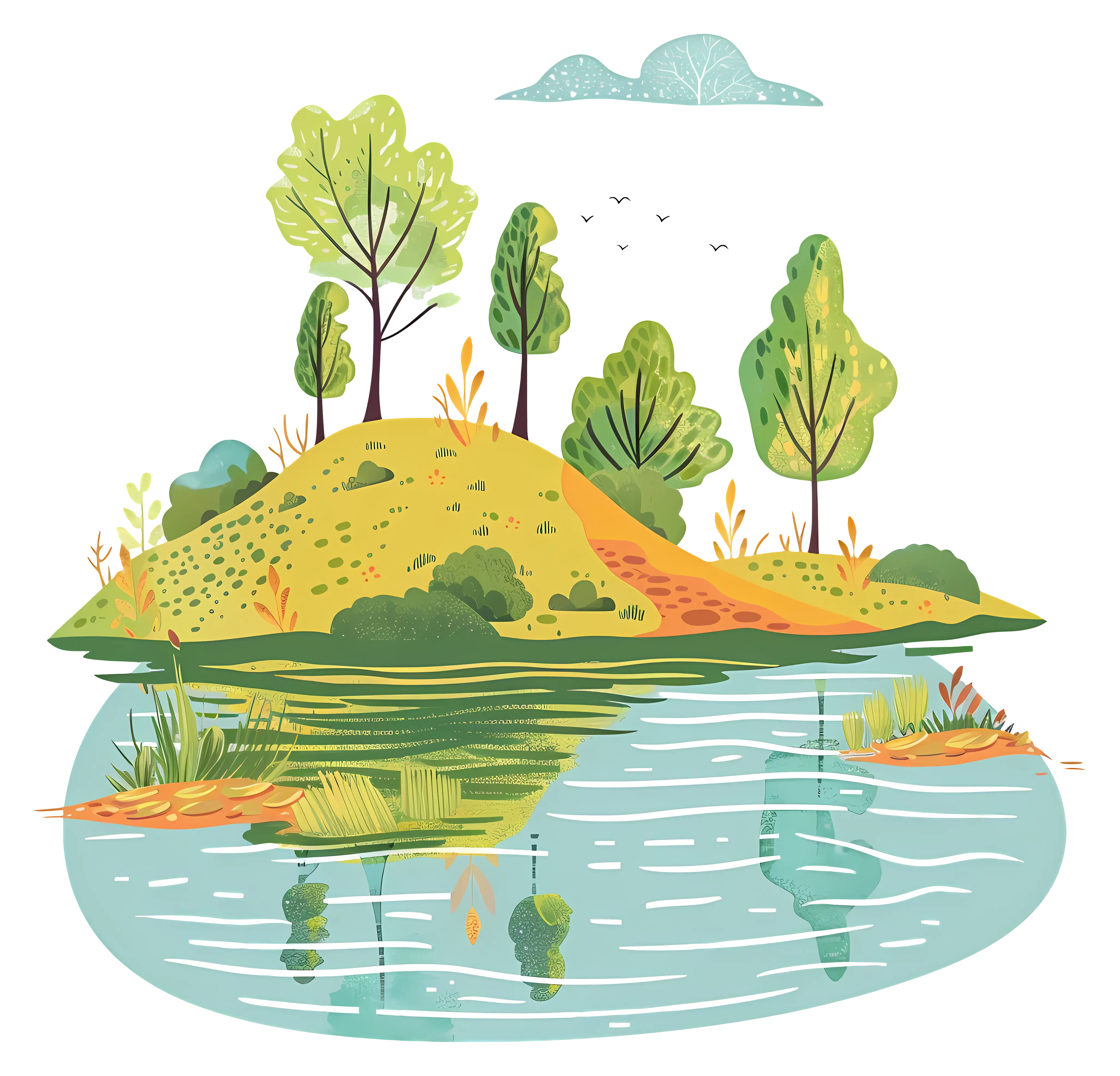 Island and Lake in Cartoon Nature Art